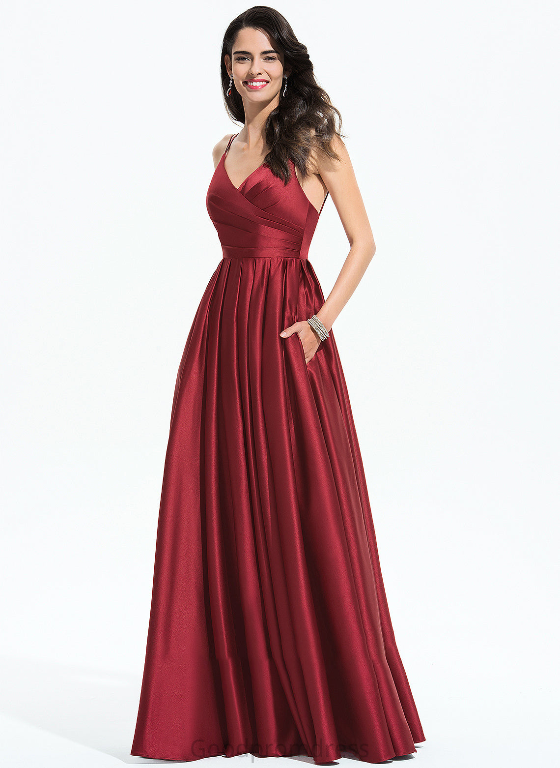 A-Line Pockets Prom Dresses Satin With Floor-Length Ruffle V-neck Kirsten