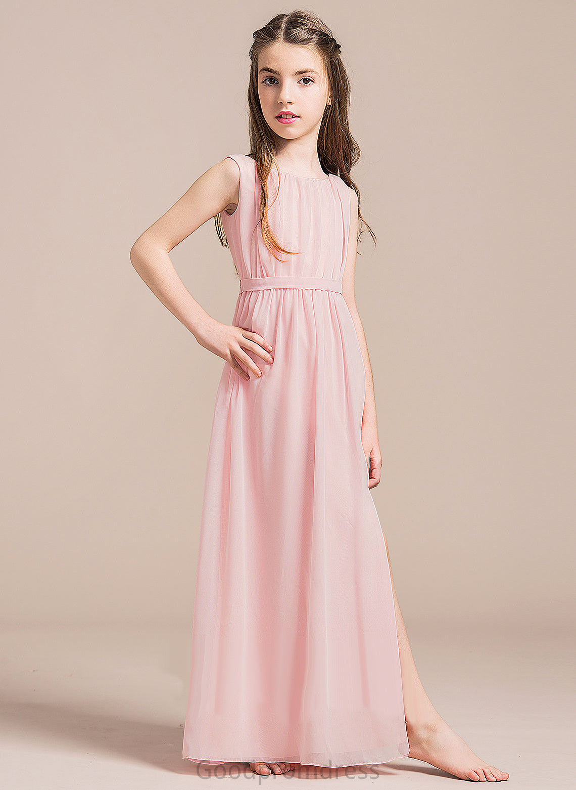 Annabel Front With Split Chiffon Ruffle A-Line Floor-Length Neck Junior Bridesmaid Dresses Scoop