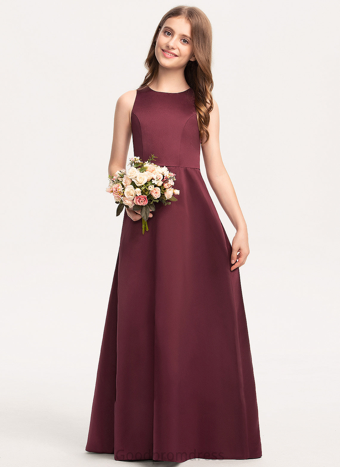 A-Line Neck Scoop Floor-Length Junior Bridesmaid Dresses Erika Satin