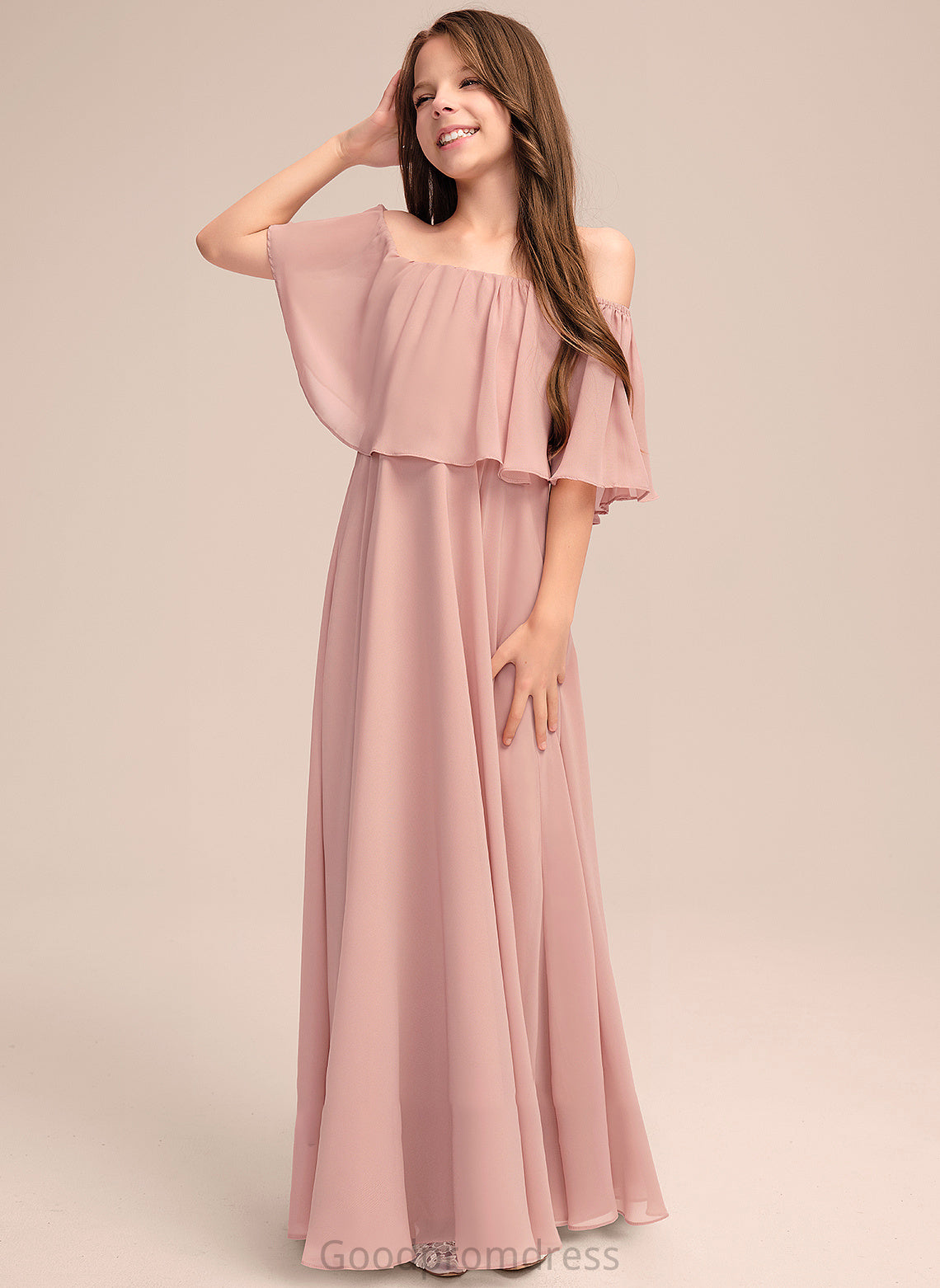 Off-the-Shoulder Chiffon Floor-Length With Junior Bridesmaid Dresses Alexus Ruffle A-Line