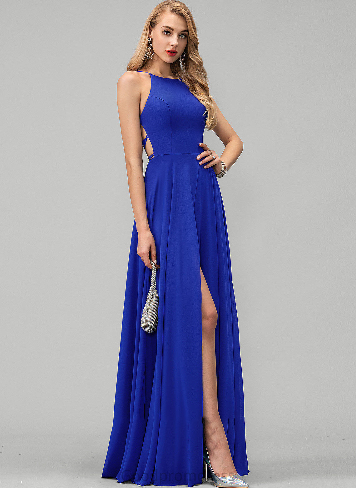 Chiffon With Neck Floor-Length A-Line Louise Scoop Prom Dresses Front Split