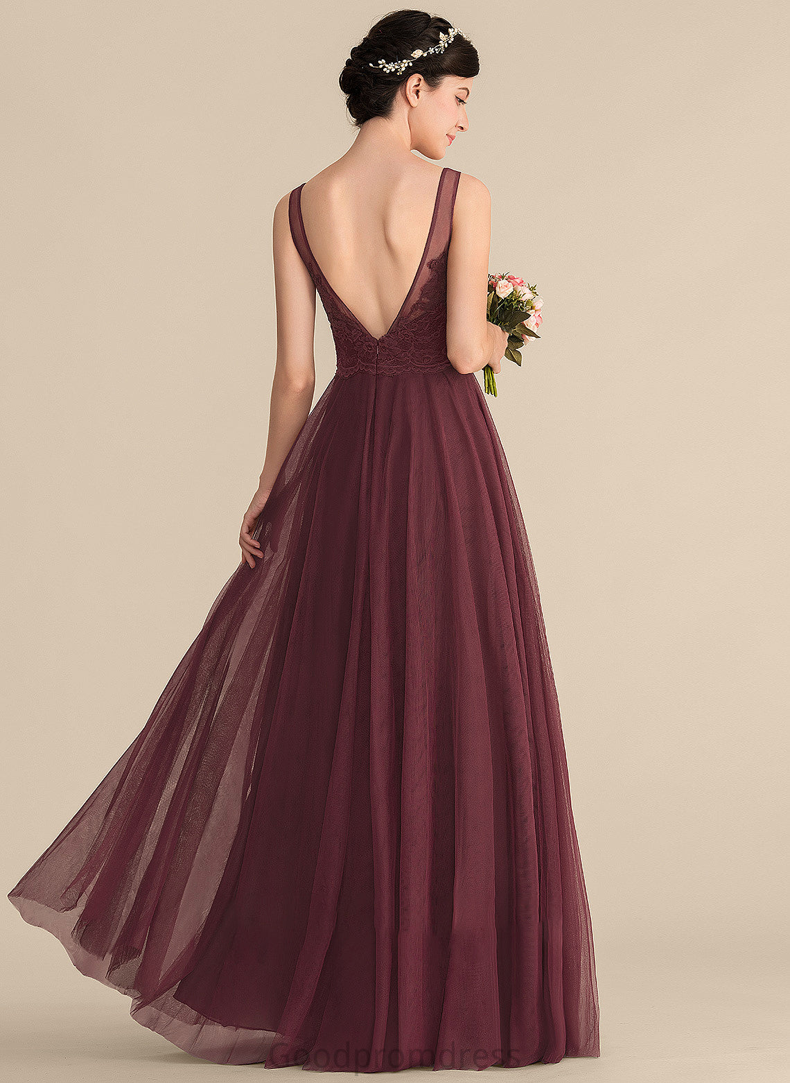 Silhouette Straps Neckline Lace Tulle Length Floor-Length A-Line V-neck Fabric Poll Spaghetti Staps Bridesmaid Dresses