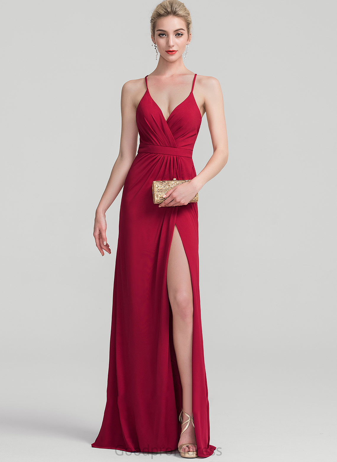 With V-neck Sandra Floor-Length Prom Dresses Jersey Ruffle Sheath/Column