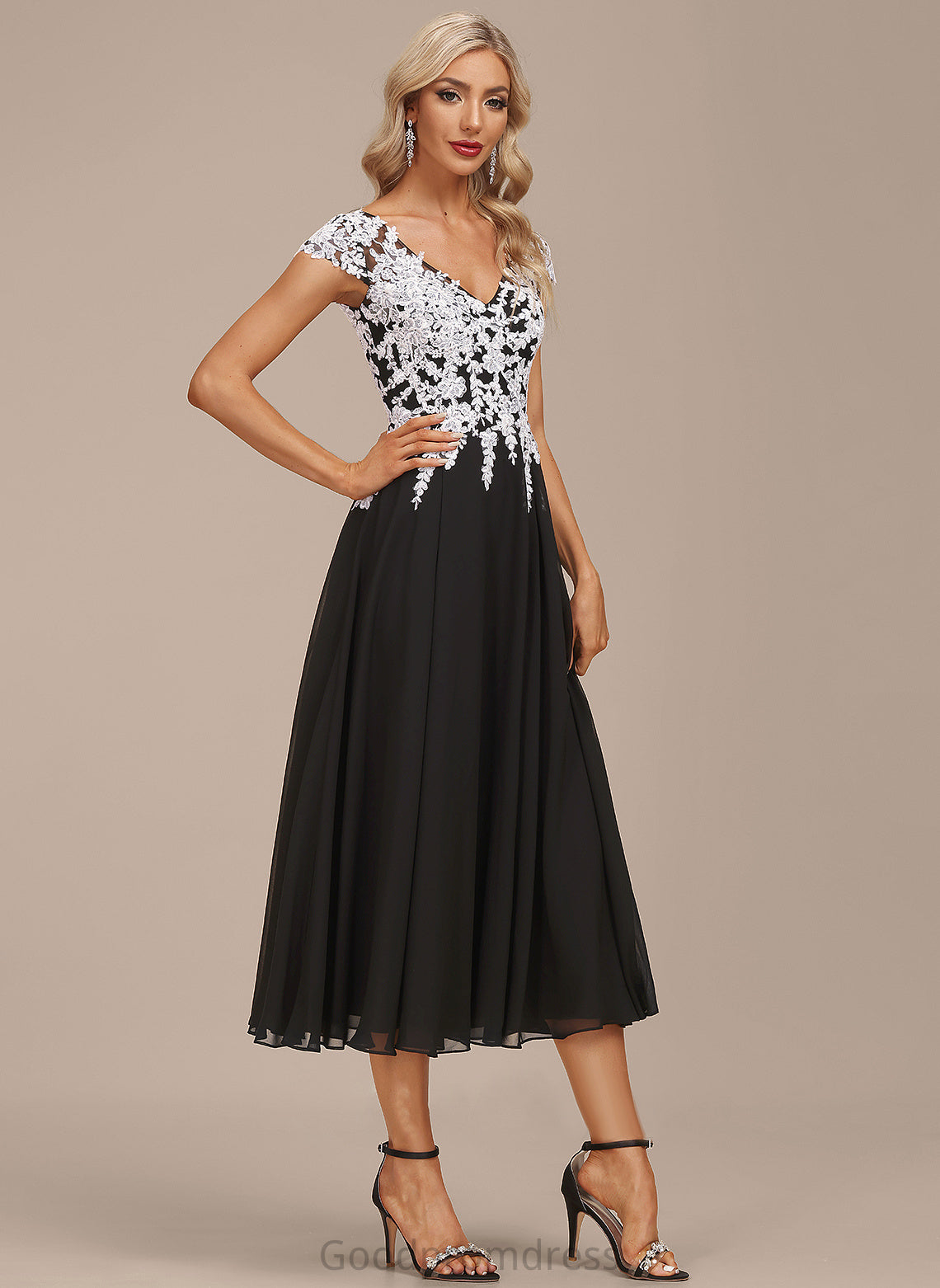 Serena A-Line Lace Dress Chiffon V-neck Cocktail Dresses Tea-Length Cocktail