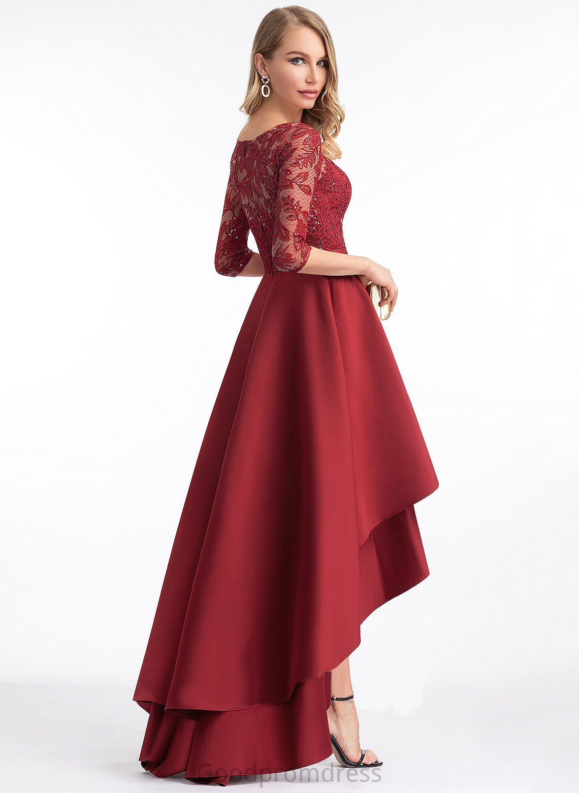 Round Lace Sleeves Neck 1/2 A-line Sequins Dresses Isabelle Asymmetrical Satin Satin Club Dresses