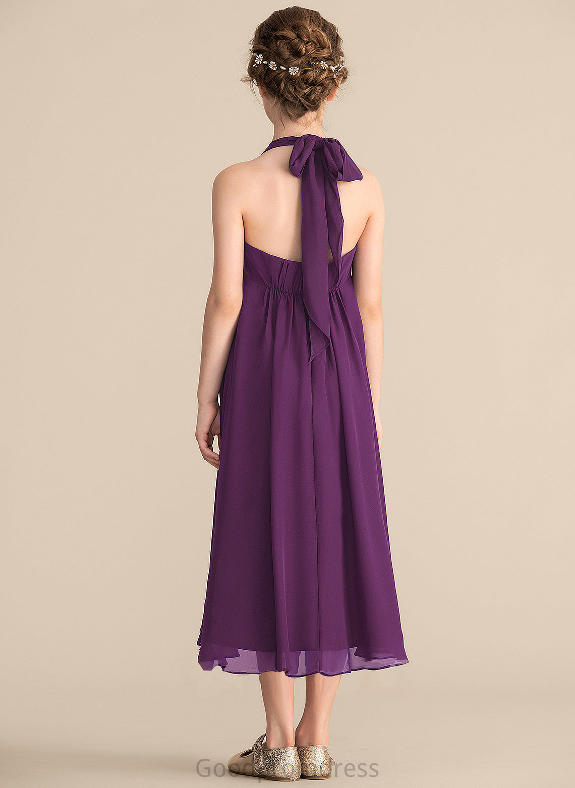 Empire Asymmetrical Beading Chiffon With Germaine Bow(s) Halter Junior Bridesmaid Dresses