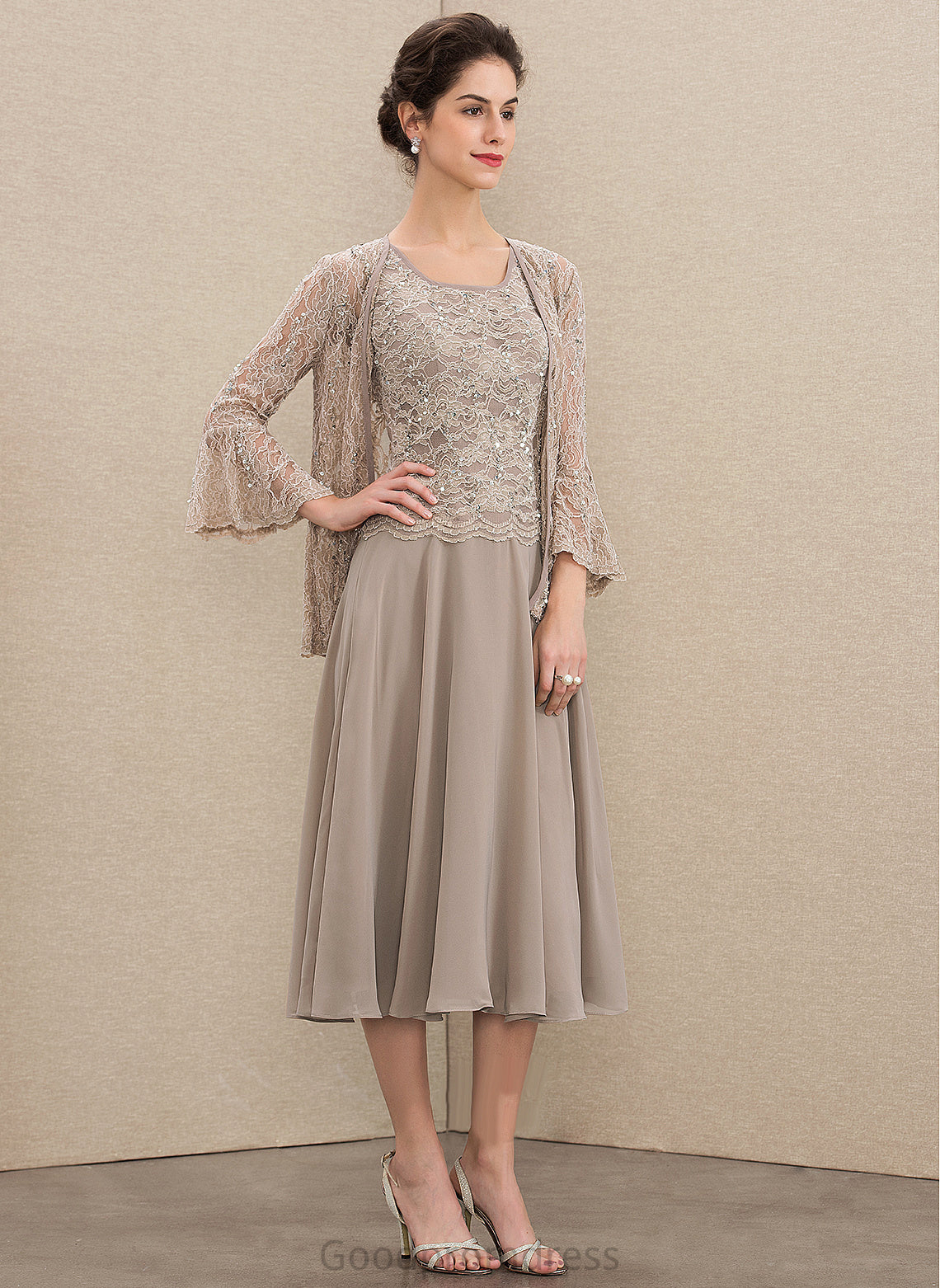 Chiffon Tea-Length of Sequins Mother of the Bride Dresses A-Line Neck With Bride Lace the Scoop Dress Mother Dayami