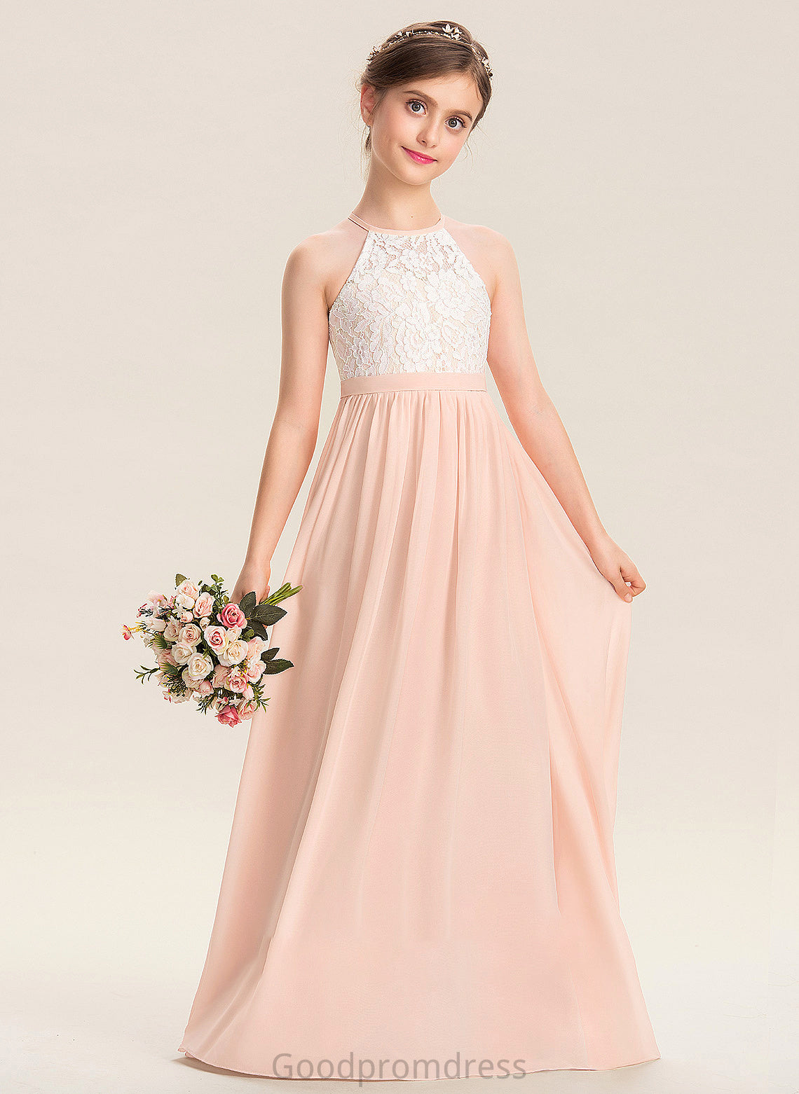 Meredith Junior Bridesmaid Dresses Neck Chiffon A-Line Floor-Length Scoop Lace