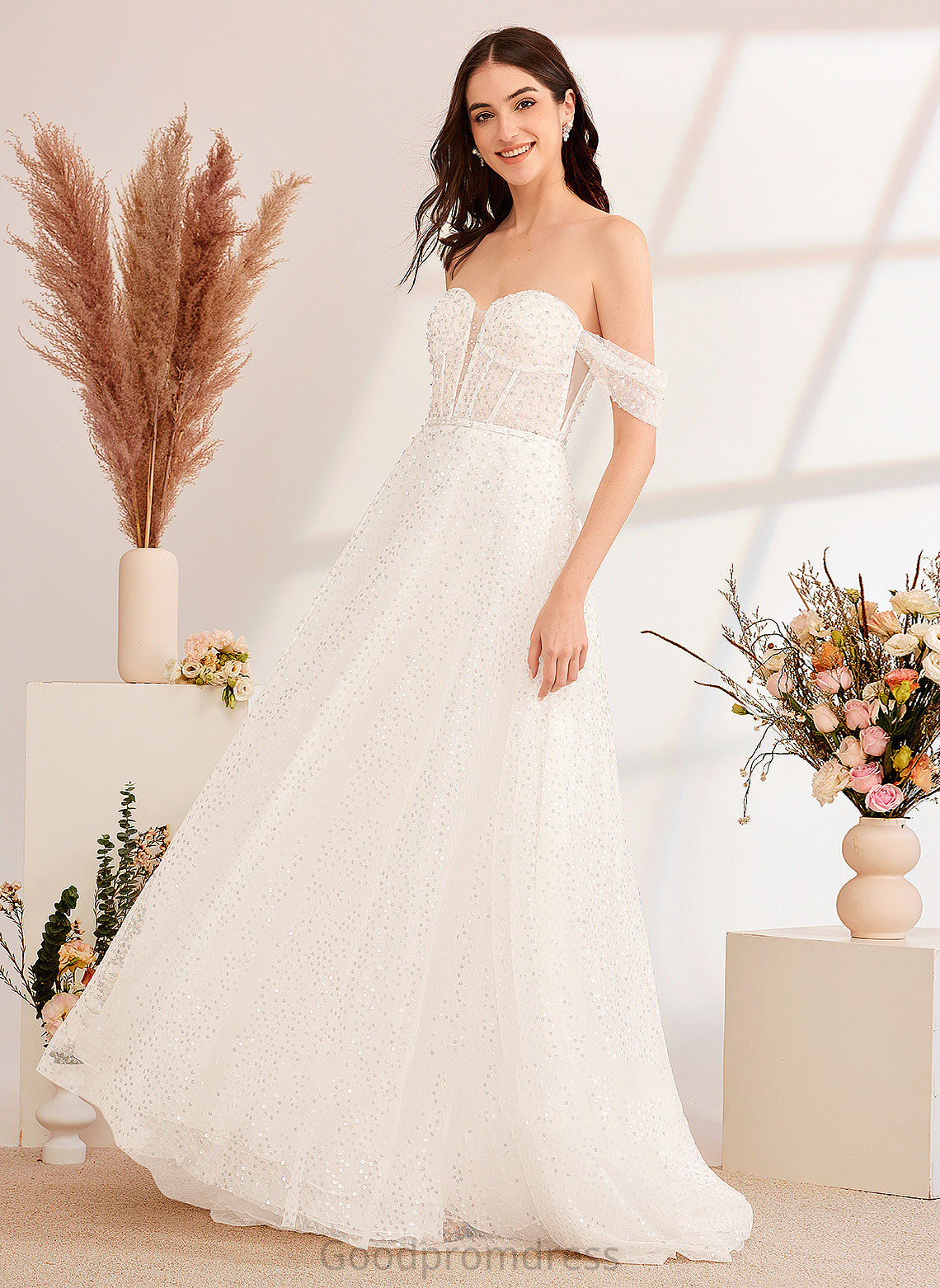 Wedding Dresses Dress A-Line Train With Off-the-Shoulder Janiya Sweep Wedding Sequins