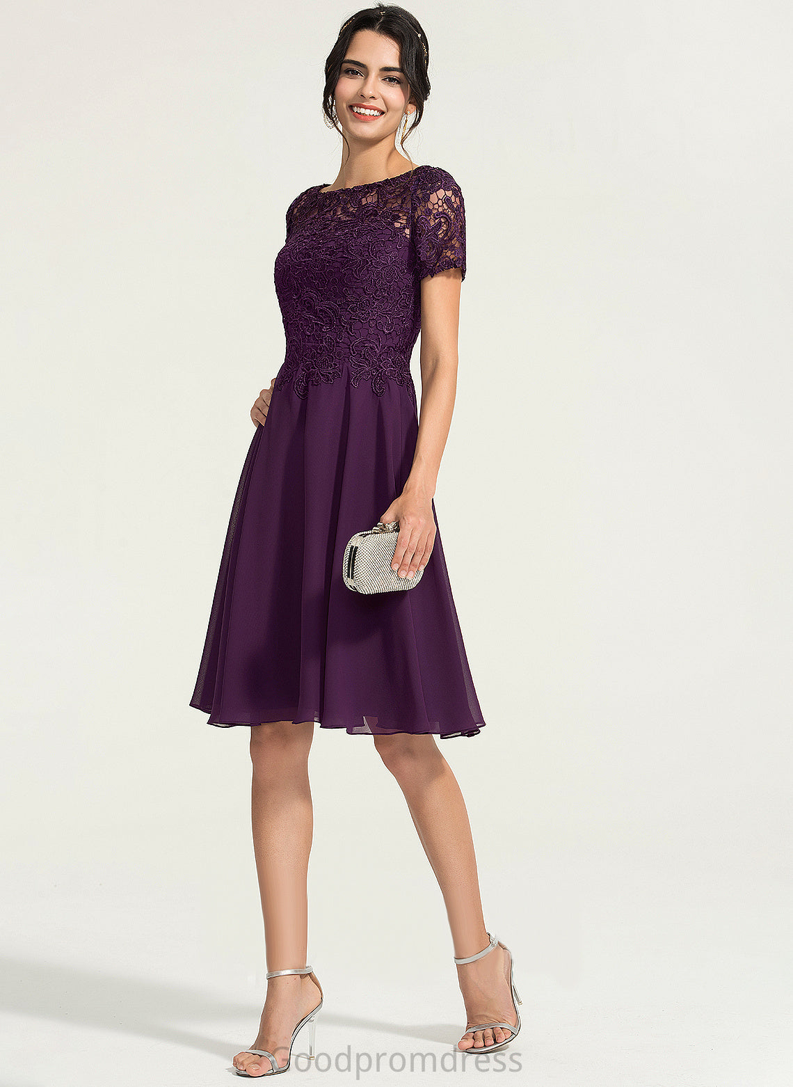 Rebecca Cocktail Chiffon Neck Cocktail Dresses Dress A-Line Lace Scoop Knee-Length