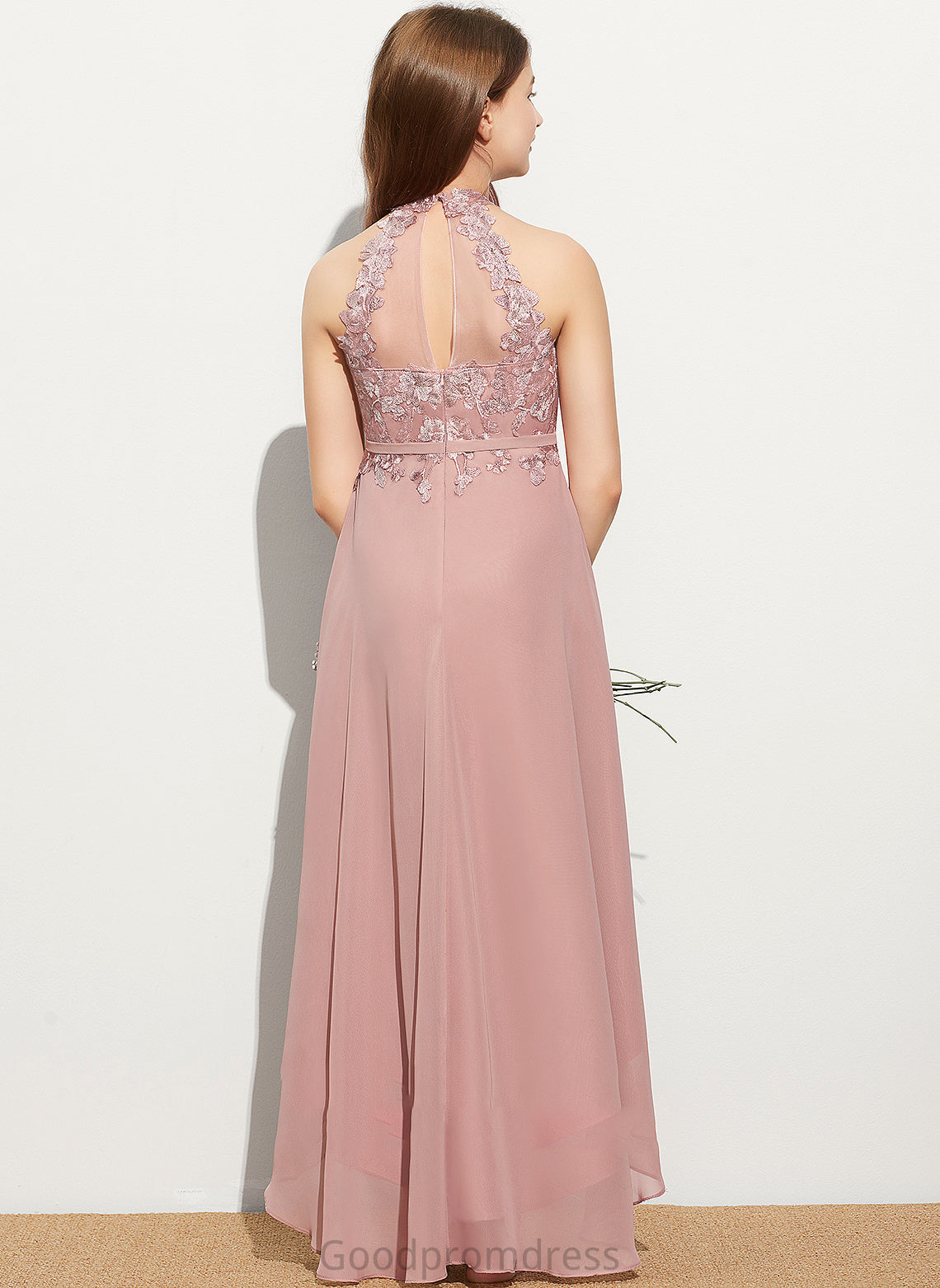 Courtney Lace Junior Bridesmaid Dresses Scoop A-Line Chiffon Asymmetrical Neck