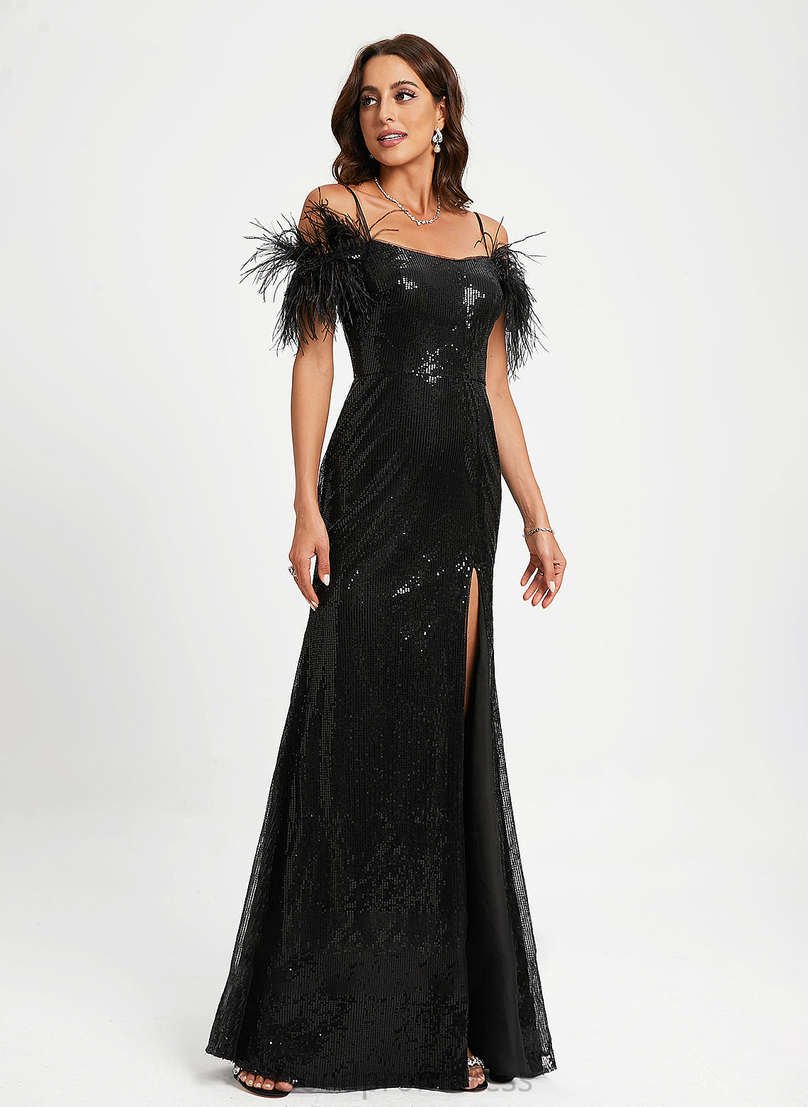 Floor-Length Prom Dresses Neck Feather With America Sequined Scoop Sheath/Column Sequins