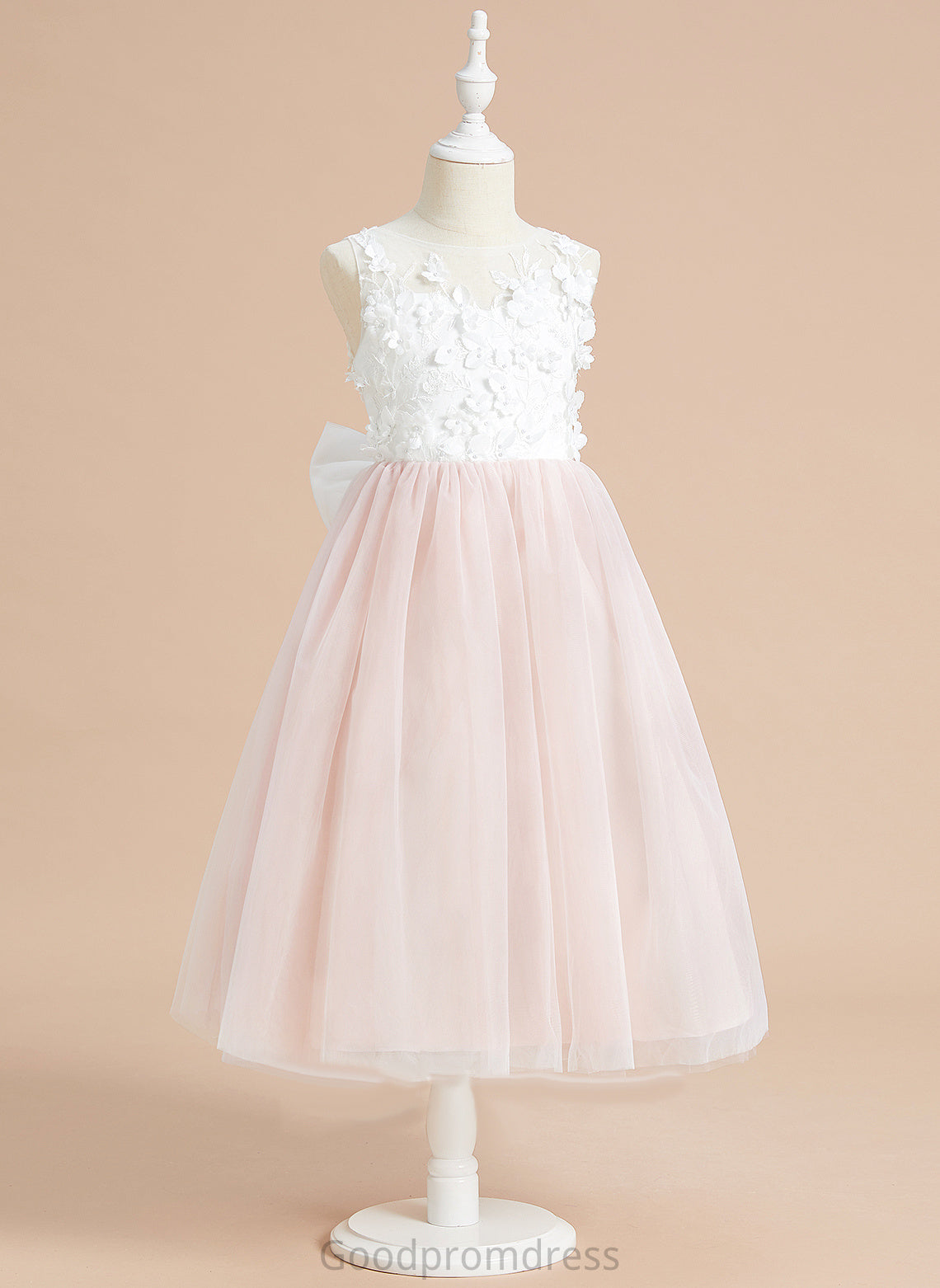 With Lace/Flower(s)/Bow(s) Tea-length Girl Dress Neck - Flower A-Line Scoop Flower Girl Dresses Tulle Sleeveless Karlee