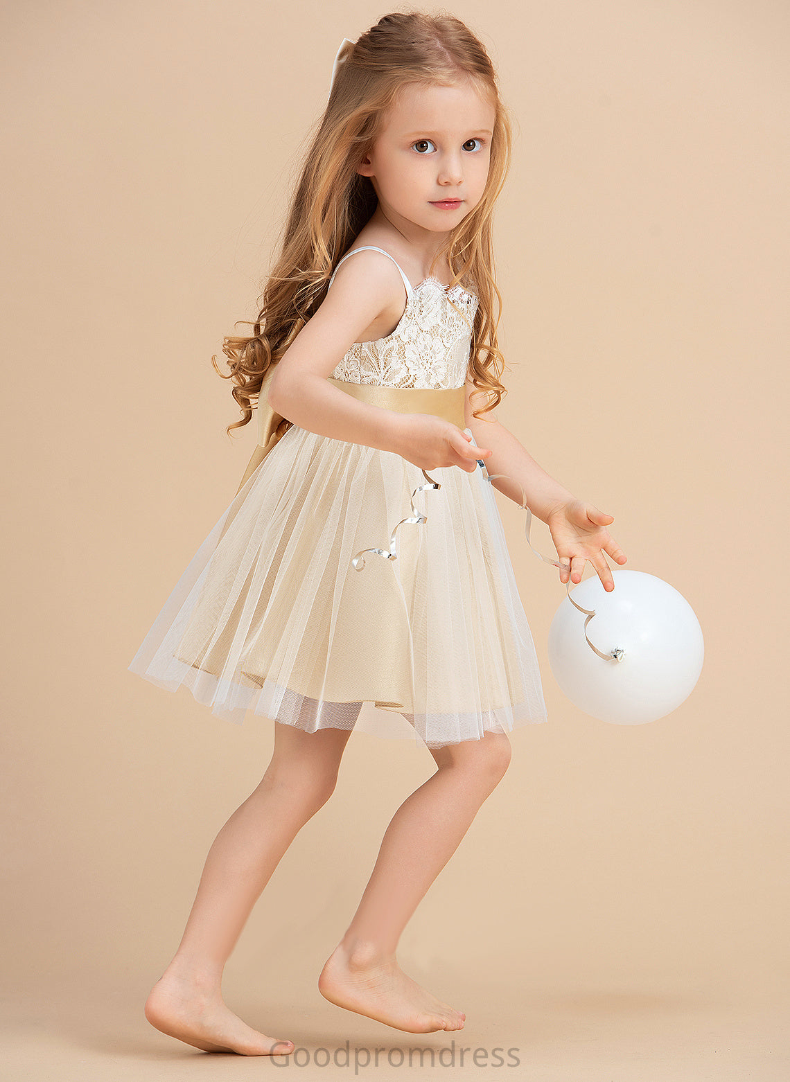 Girl Tulle/Lace Flower Ginny Sleeveless Flower Girl Dresses With - Sash/Bow(s) Dress Straps (Undetachable sash) Knee-length A-Line/Princess