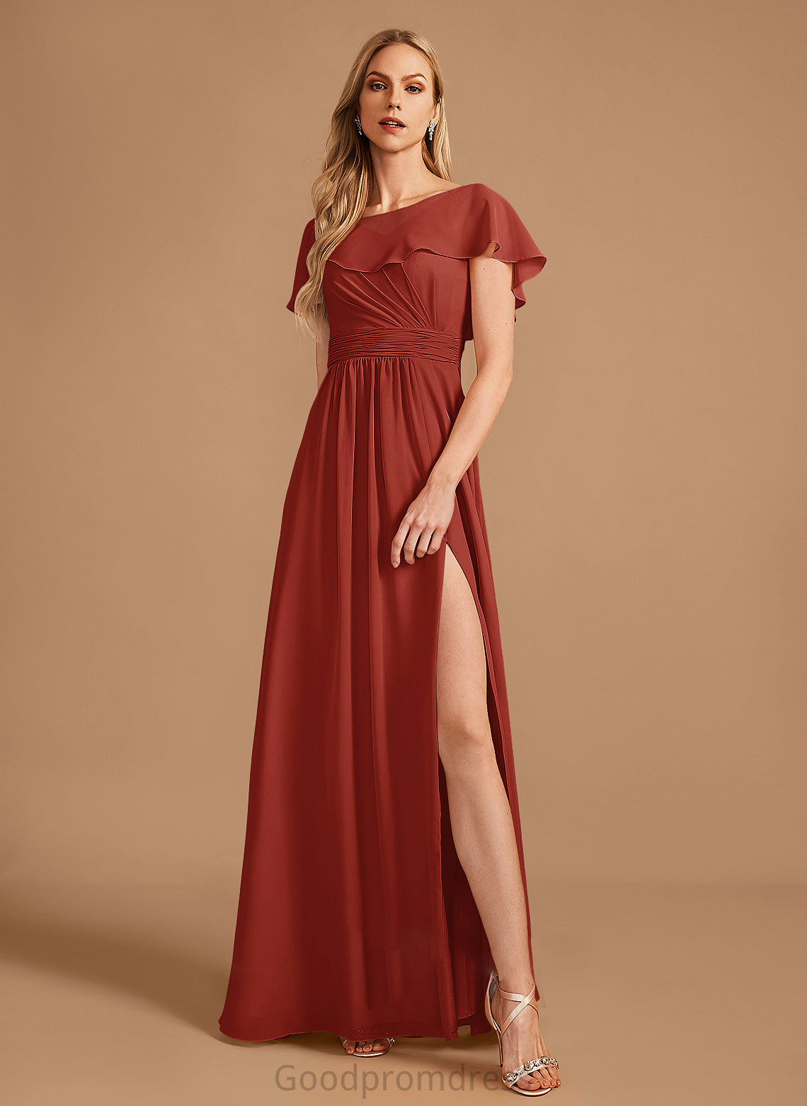 Embellishment HighNeck Floor-Length SplitFront Ruffle Neckline Silhouette Fabric Length A-Line Erica Sleeveless Bridesmaid Dresses