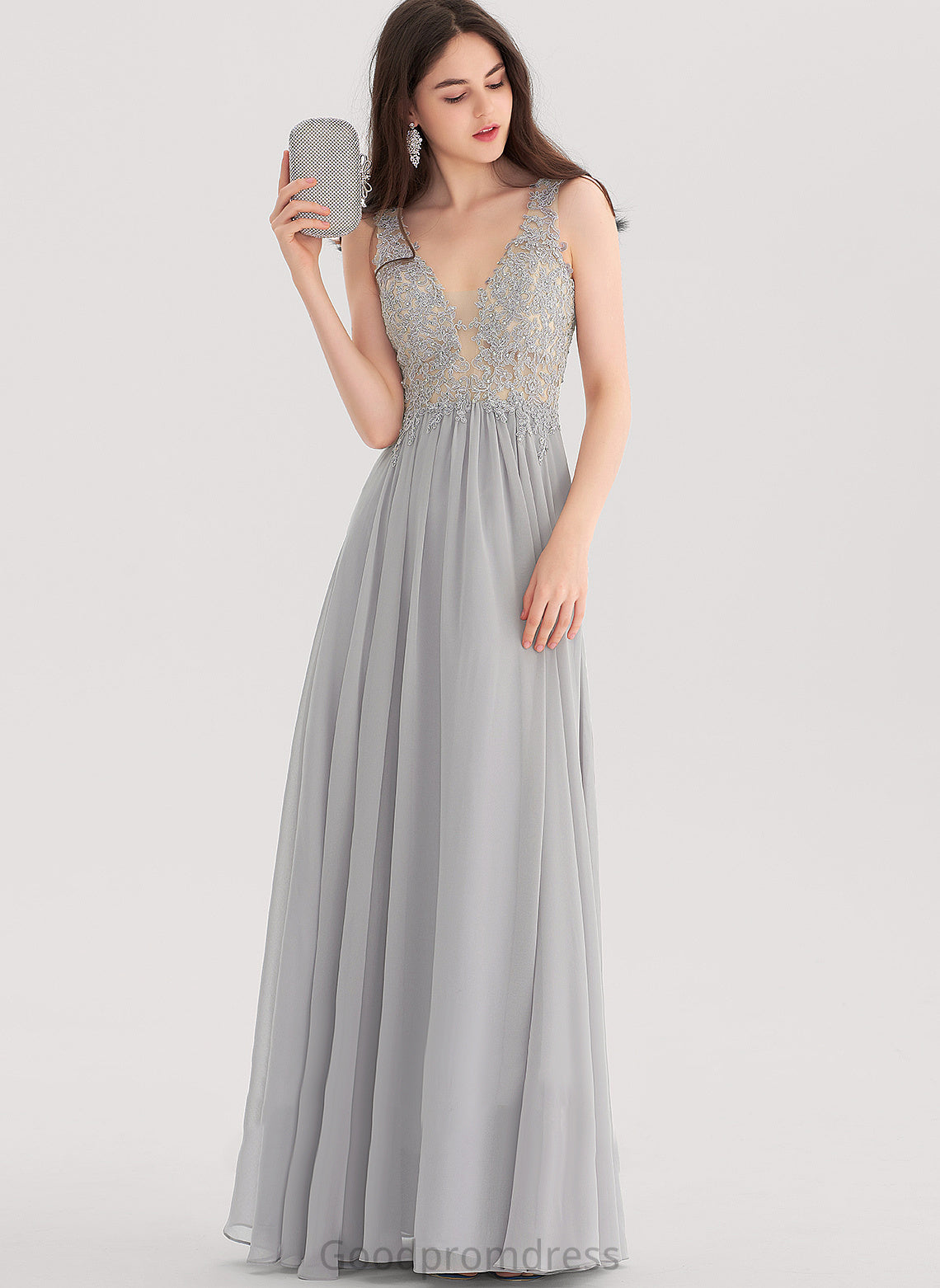 Prom Dresses V-neck Chiffon A-Line Rhinestone With Averi Floor-Length Lace