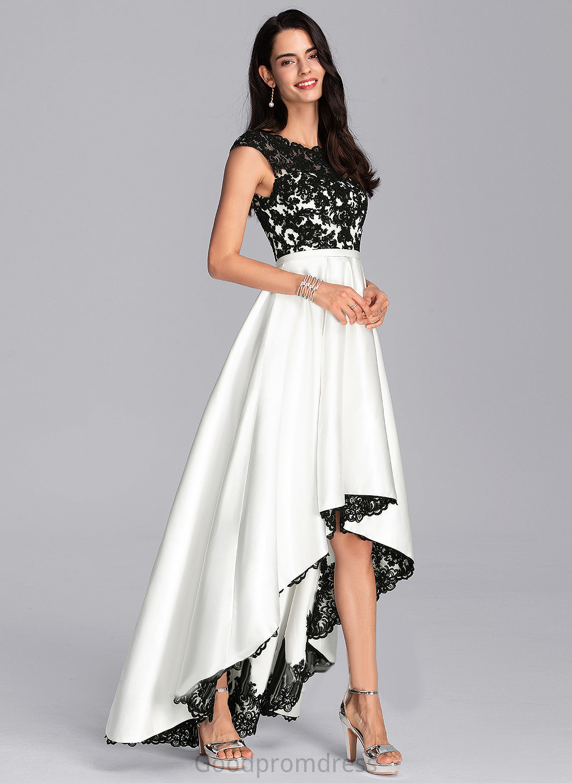 Ball-Gown/Princess Satin Asymmetrical Scoop Lace Aubrey Prom Dresses