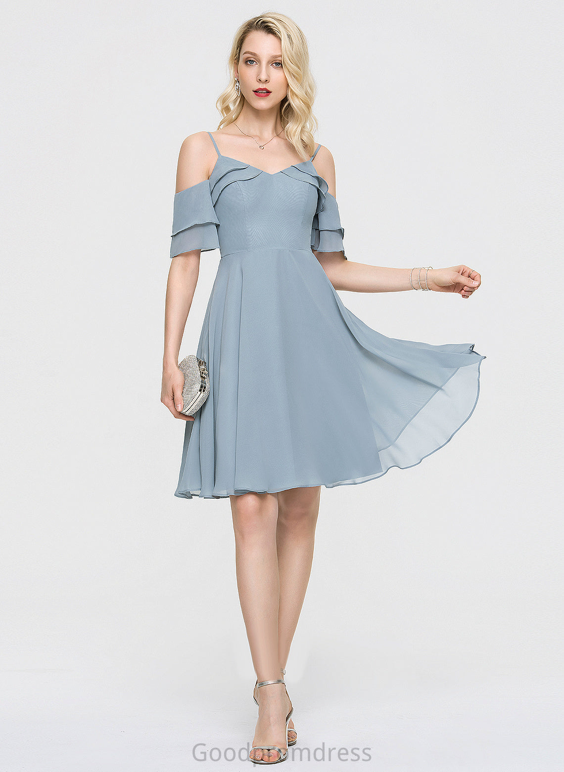 A-Line Knee-Length Chiffon Ruffles Dress Homecoming Cascading With Homecoming Dresses Nita V-neck