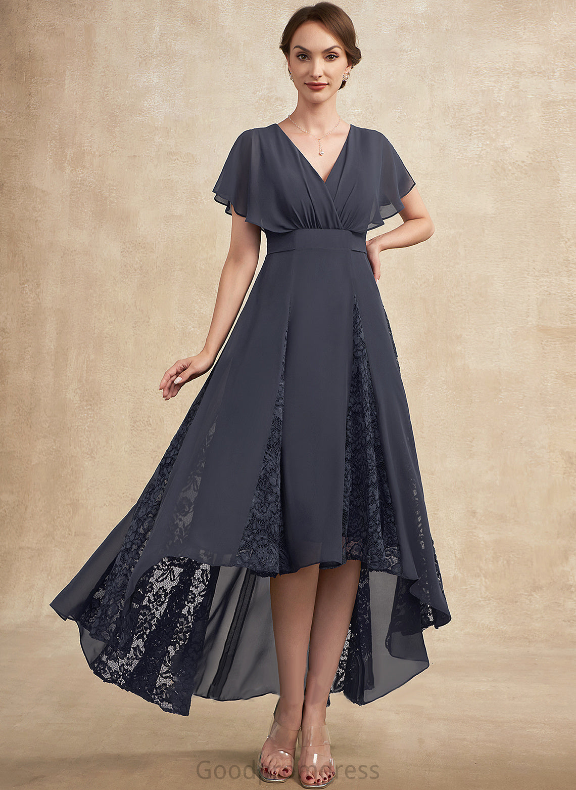 the Celia Mother of the Bride Dresses Bride V-neck Ruffle of Lace Asymmetrical A-Line With Dress Chiffon Mother