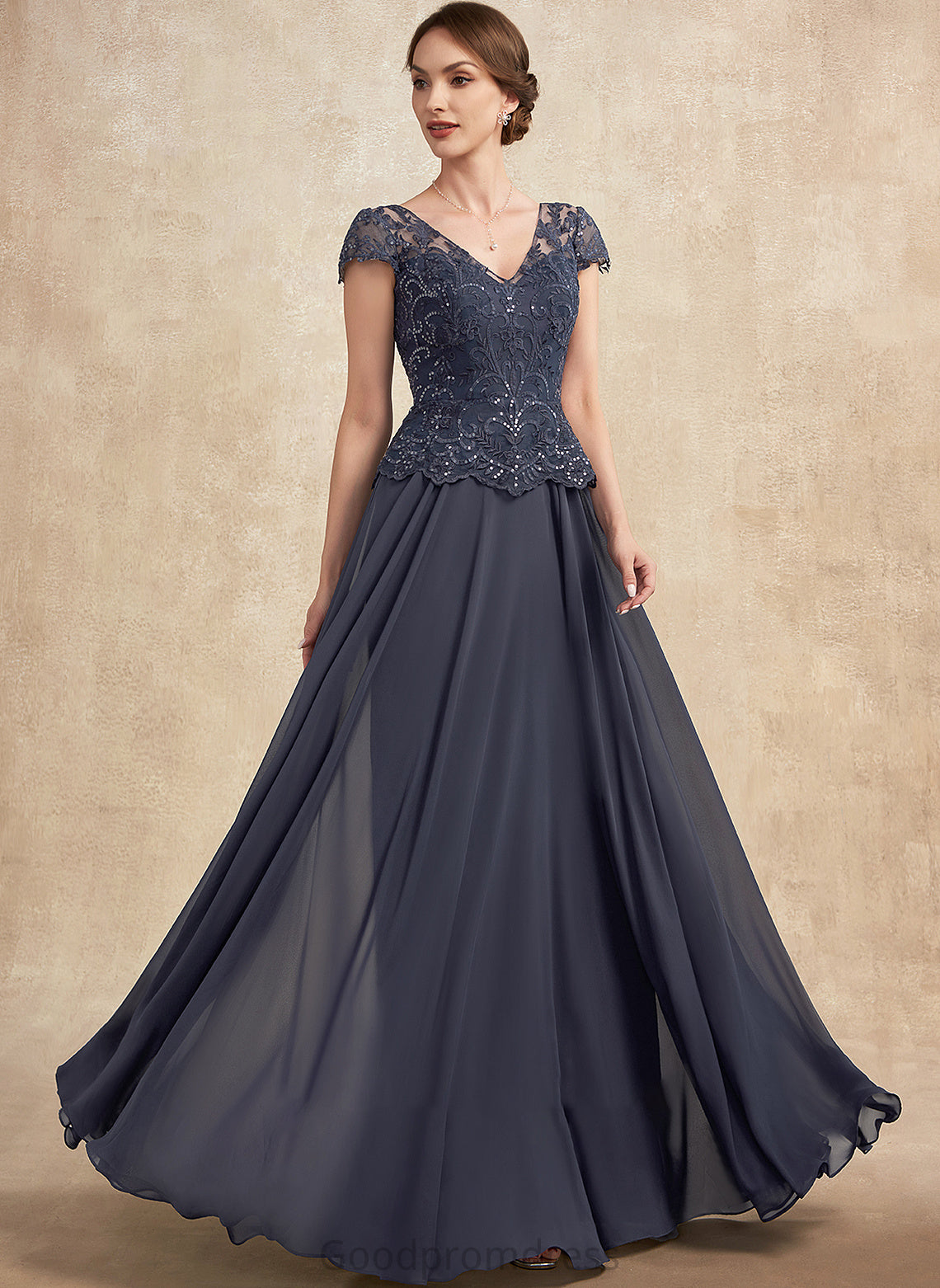 Floor-Length Vera Mother of the Bride Dresses Bride Lace V-neck Dress With Chiffon Mother A-Line Sequins of the