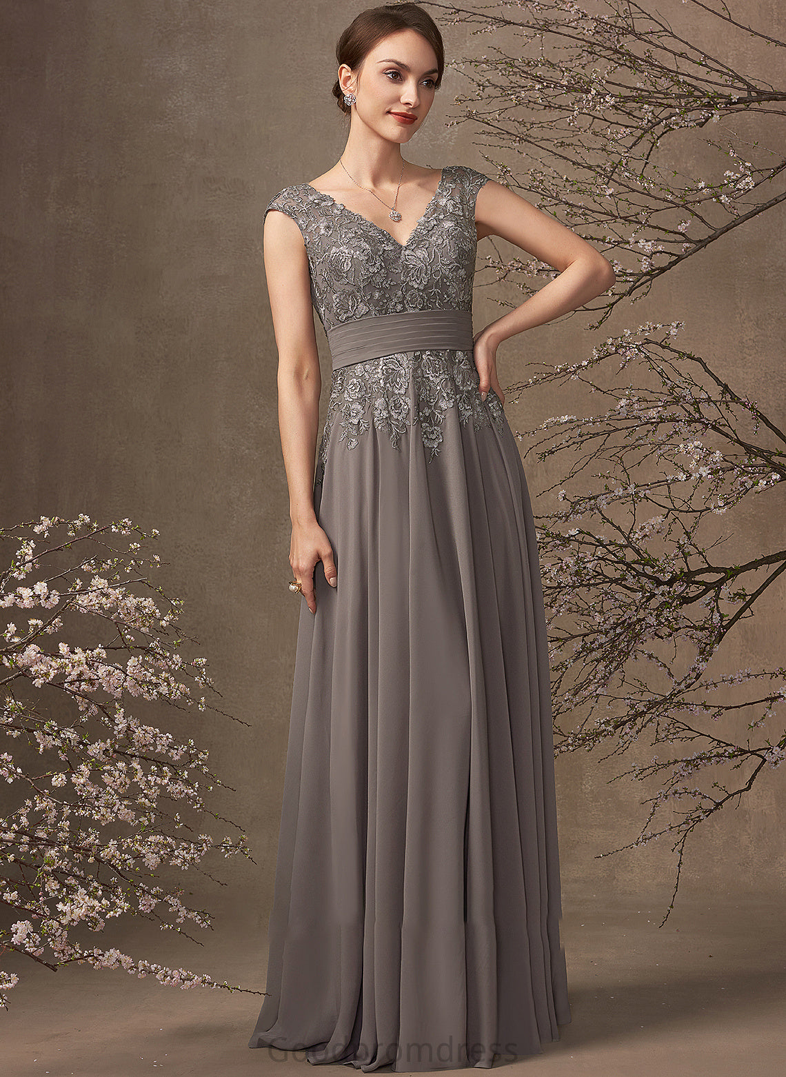 Sequins of Bride A-Line Lace With Floor-Length Ruffle the V-neck Dress Chiffon Emelia Mother Mother of the Bride Dresses