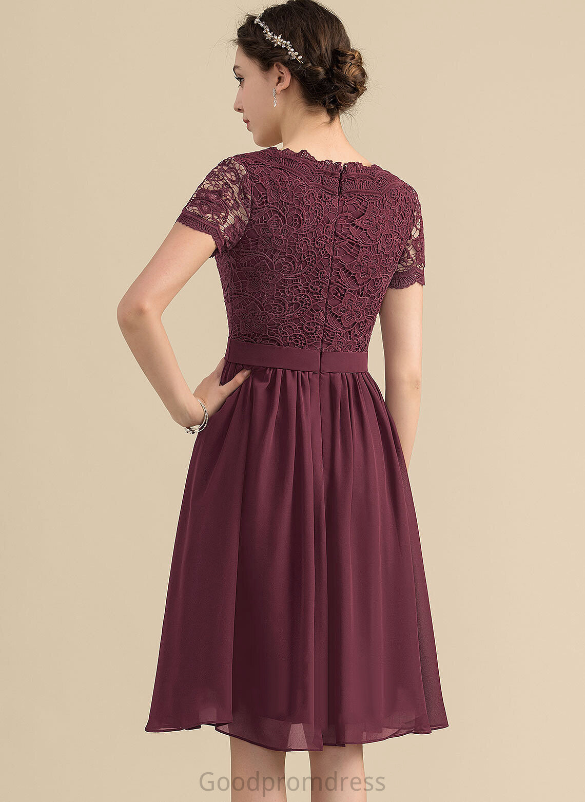 Neckline A-Line Silhouette Embellishment Lace V-neck Length Knee-Length Fabric Carley Spaghetti Staps Natural Waist Bridesmaid Dresses