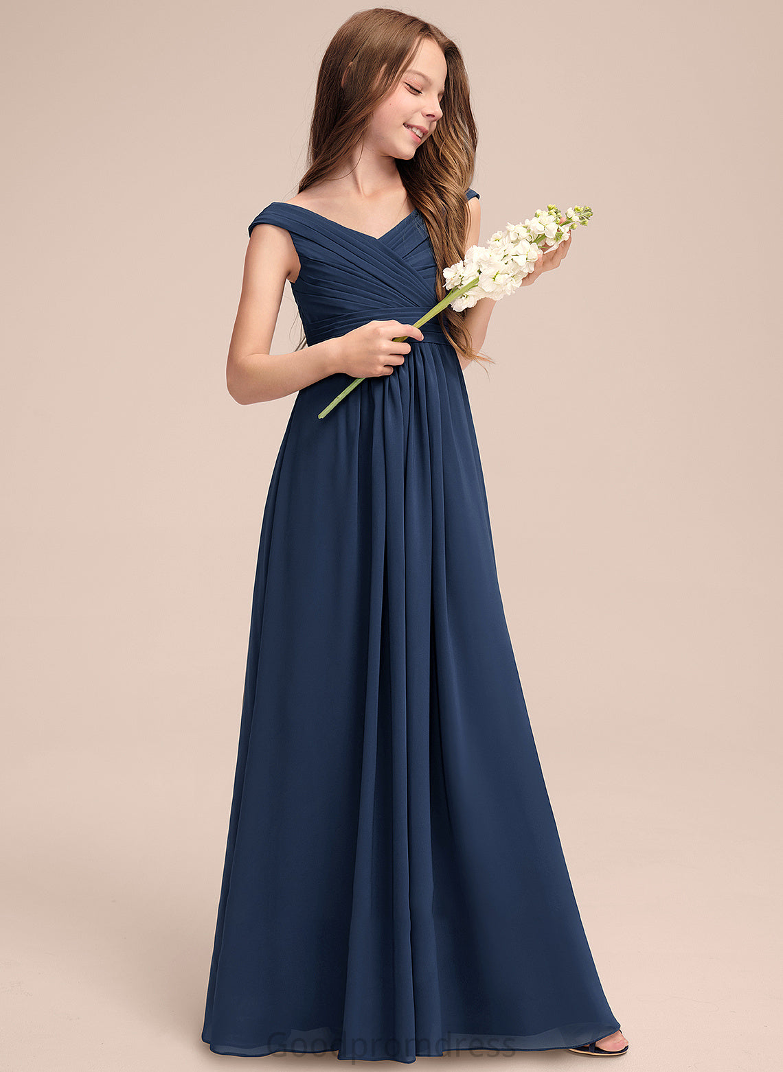 Off-the-Shoulder A-Line Floor-Length Breanna With Ruffles Junior Bridesmaid Dresses Chiffon