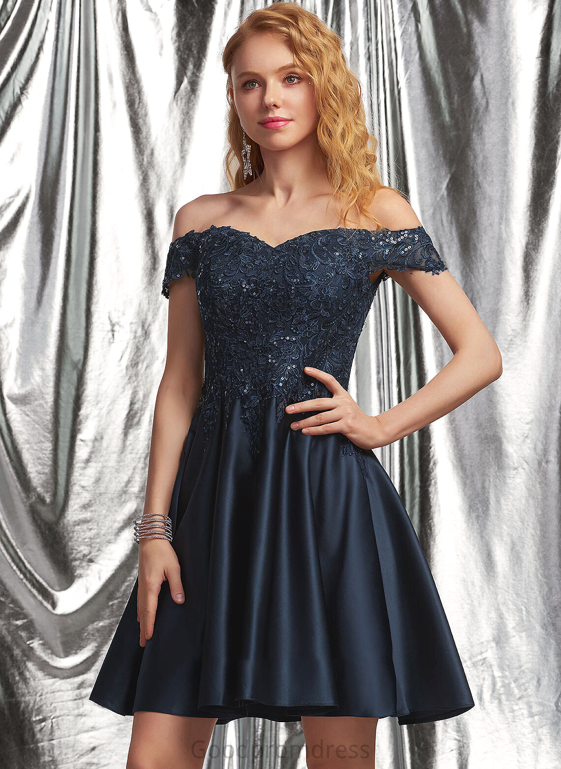 Lace With Prom Dresses Raegan Satin Sequins A-Line Short/Mini Off-the-Shoulder