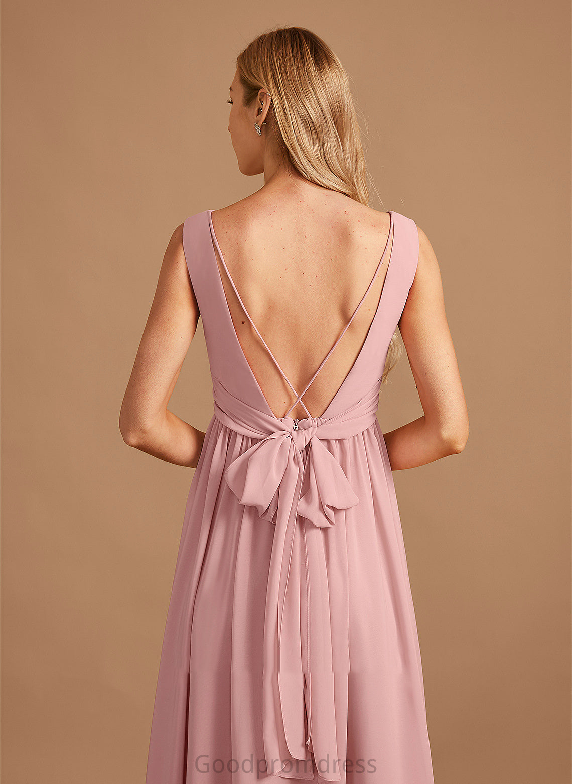 Floor-Length Ruffle Neckline Bow(s) Silhouette A-Line Fabric Length V-neck Embellishment Jordin Sleeveless Bridesmaid Dresses