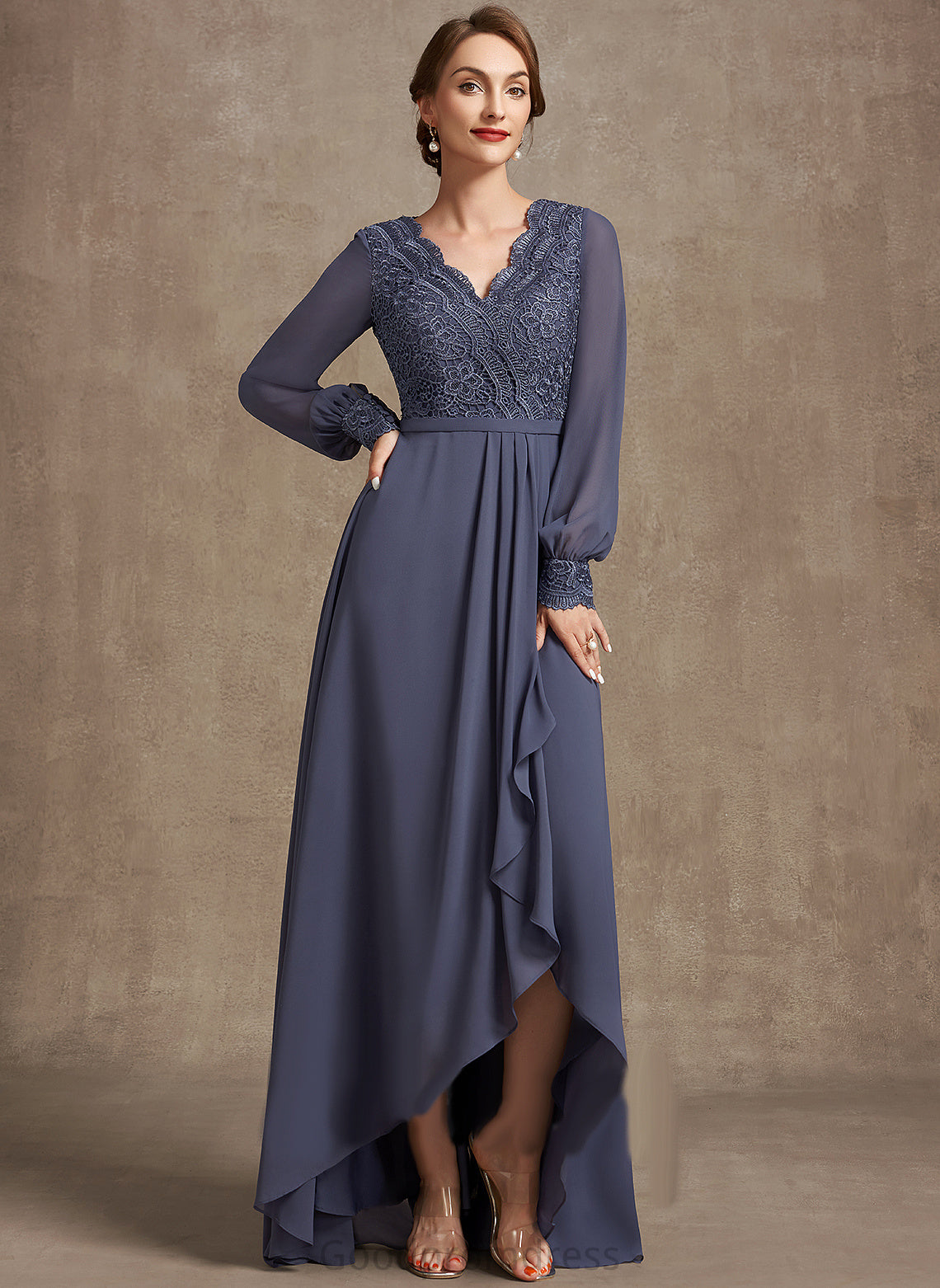 Chiffon Bride of Asymmetrical V-neck the Mother of the Bride Dresses Lace Dress A-Line Mother Megan