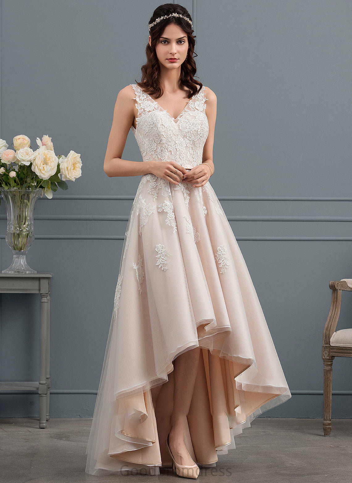 Bow(s) Tulle Wedding Ally Dress Wedding Dresses Lace With A-Line Asymmetrical V-neck