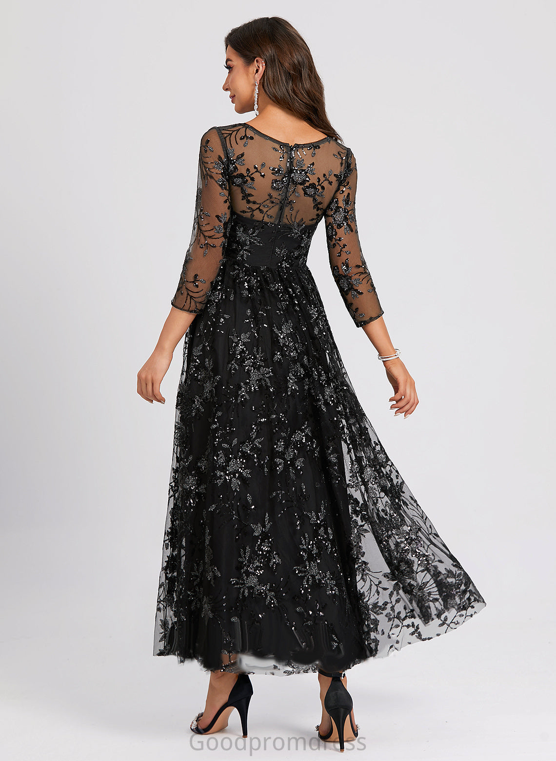 Lace Cocktail A-Line Sequined Ankle-Length Undine V-neck Cocktail Dresses Dress