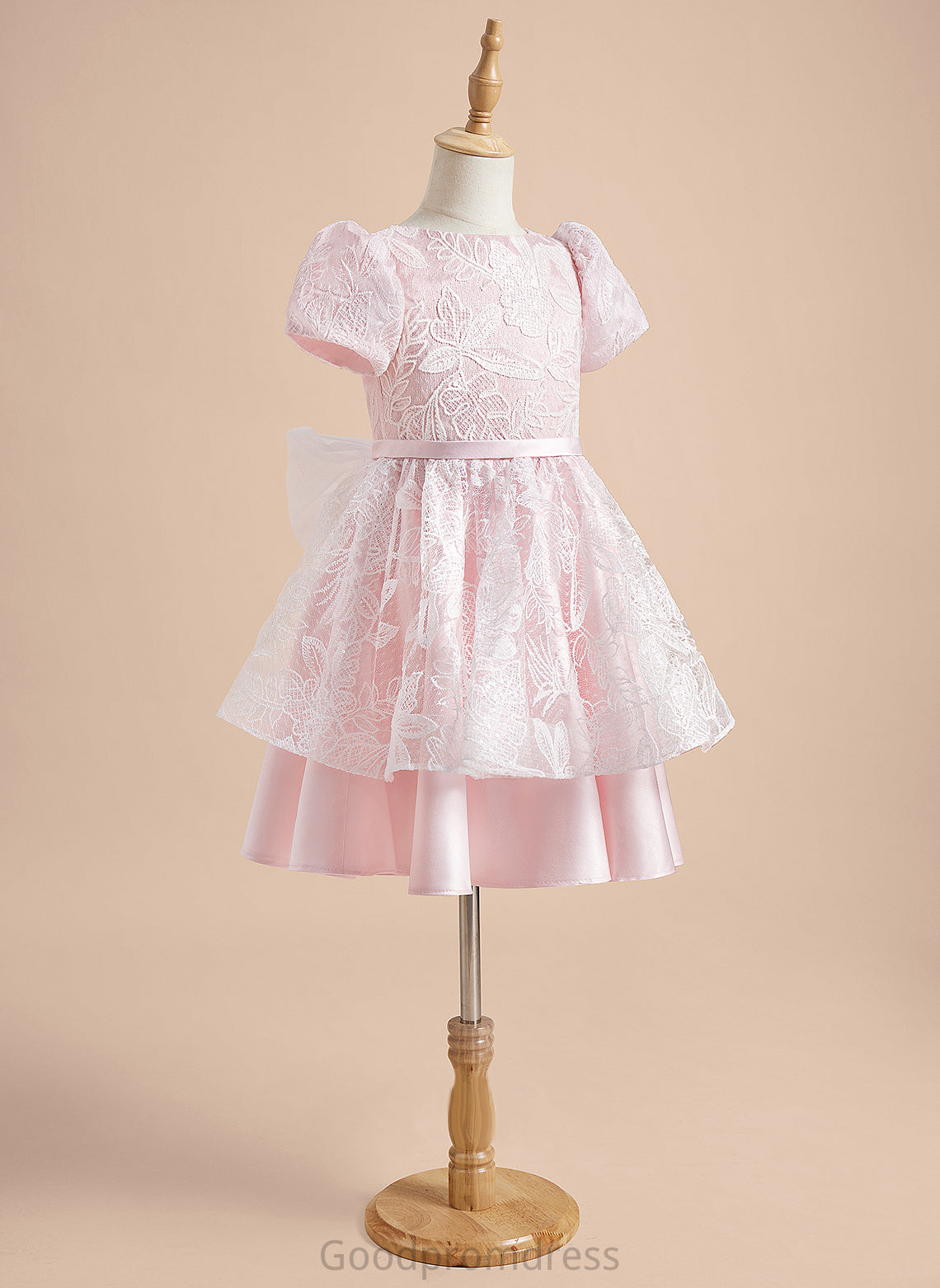 A-Line Short Flower Girl Dresses - Sleeves Knee-length Neck Emma Scoop Girl Flower Satin/Tulle With Lace/Sequins/Bow(s) Dress