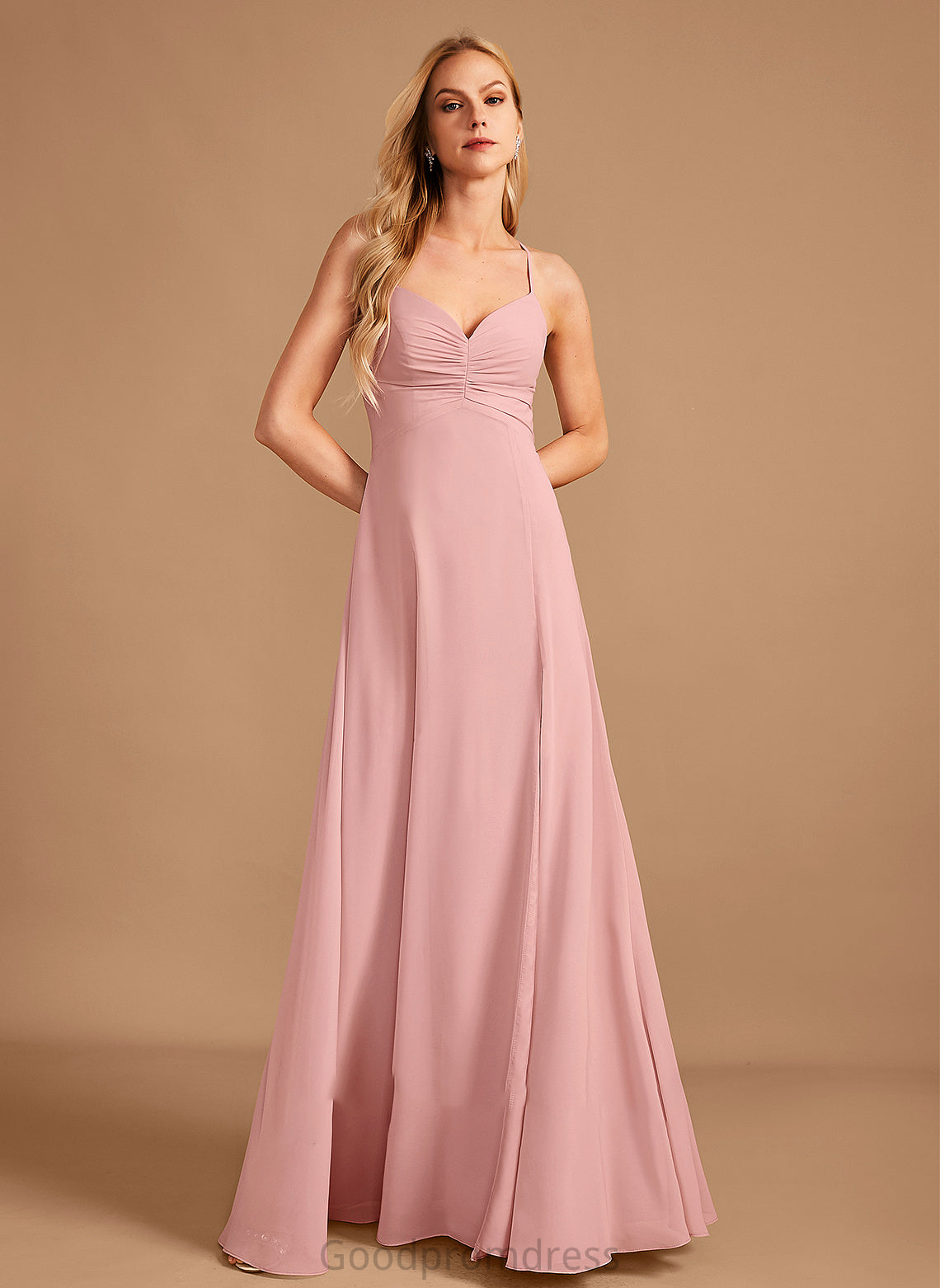 V-neck Neckline Length Embellishment A-Line Floor-Length SplitFront Fabric Silhouette Theresa Spaghetti Staps A-Line/Princess Bridesmaid Dresses