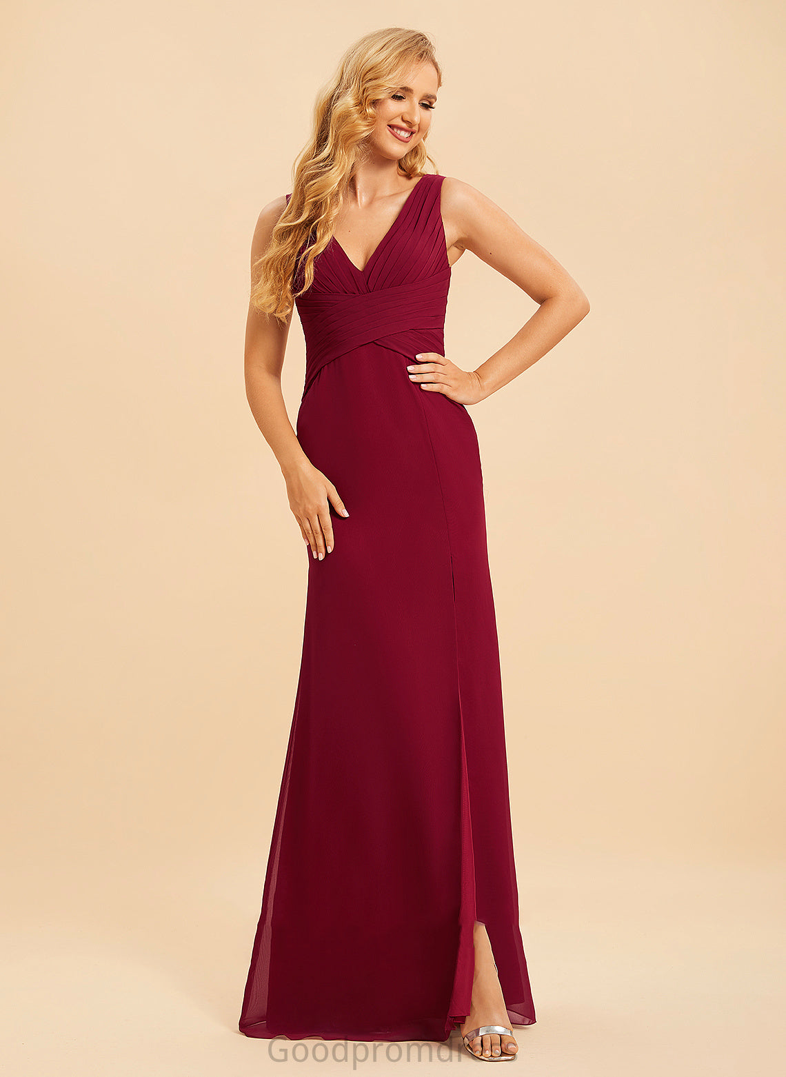 Length Floor-Length Silhouette SplitFront Embellishment Neckline Fabric Trumpet/Mermaid V-neck Hortensia Cap Sleeves Natural Waist Bridesmaid Dresses