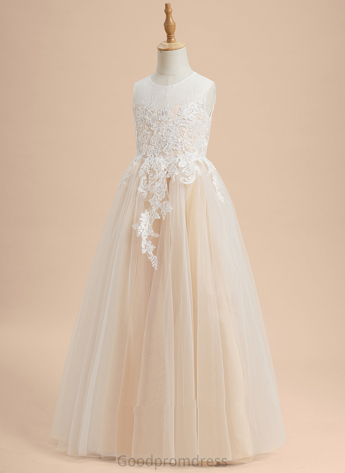 A-Line Floor-length Girl Dress Sleeveless Neck Rose With Lace/Beading Flower Tulle Flower Girl Dresses - Scoop