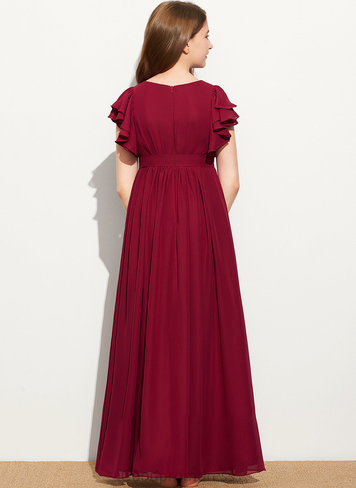 A-Line Cascading Neck Harley Scoop Junior Bridesmaid Dresses Floor-Length Chiffon Ruffles With