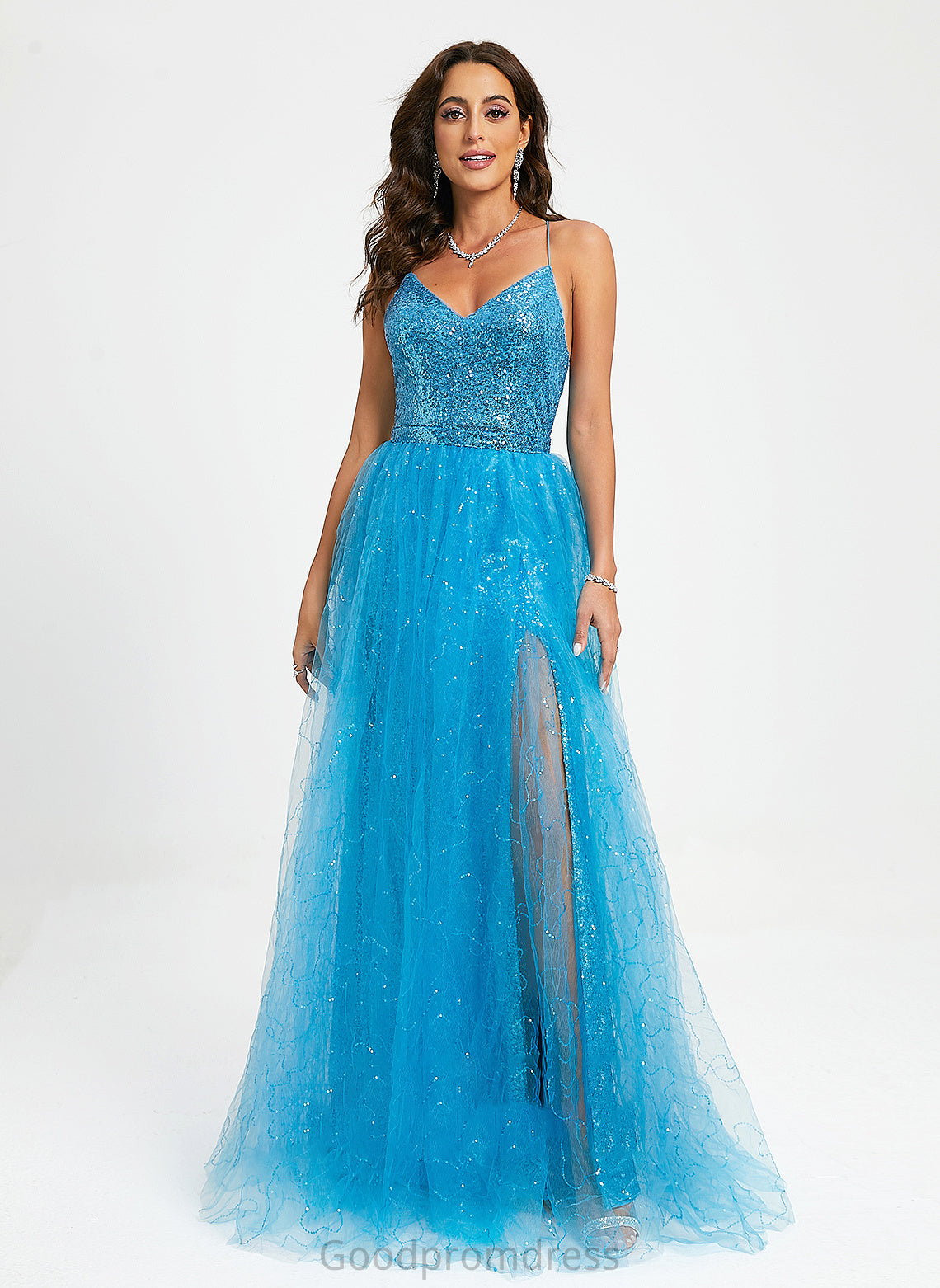 Floor-Length V-neck Tulle With Jordin Ball-Gown/Princess Prom Dresses Sequins