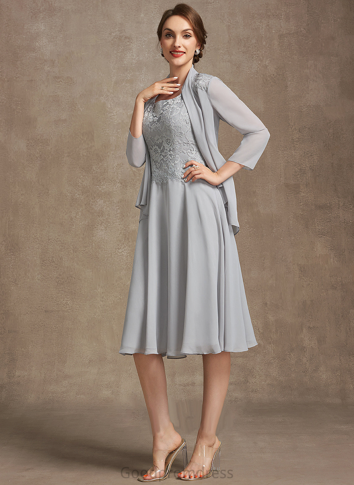 Dress Bride A-Line Neckline Mother of the Bride Dresses the Square Lace Mother of Chiffon Greta Knee-Length