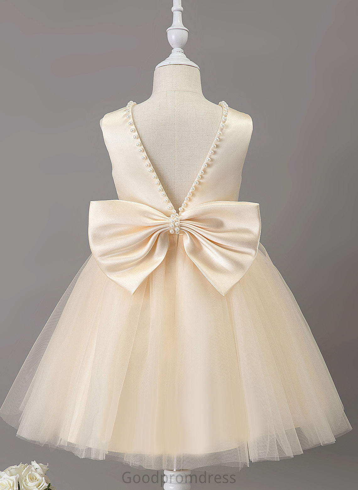 Satin/Tulle - Knee-length Dress A-Line Caitlyn Flower Neck Scoop Sleeveless With Beading Girl Flower Girl Dresses