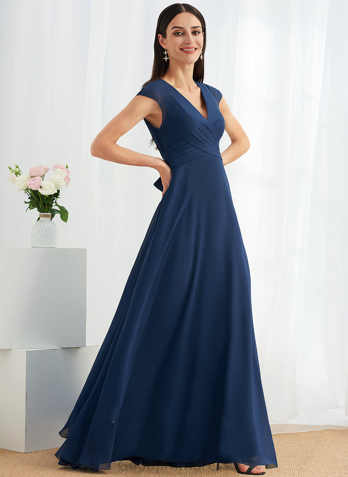 Silhouette A-Line Fabric Neckline Floor-Length Ruffle Length Embellishment V-neck Rayna A-Line/Princess Floor Length Bridesmaid Dresses