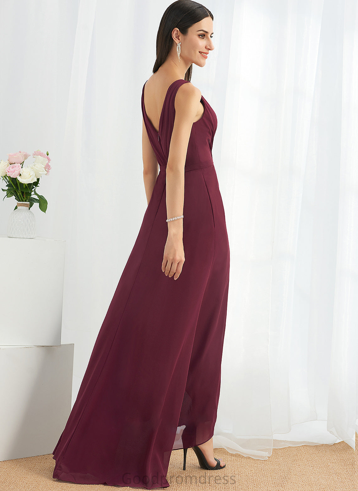 Embellishment SplitFront Length V-neck Silhouette Asymmetrical A-Line Neckline Fabric Ursula V-Neck Floor Length Bridesmaid Dresses