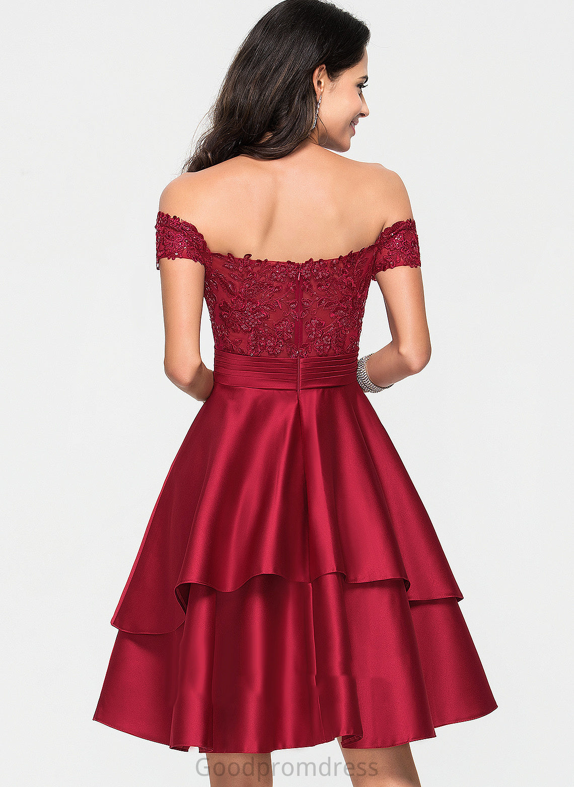 Homecoming Dresses With Satin Lace A-Line Sequins Lorelei Knee-Length Off-the-Shoulder Homecoming Dress