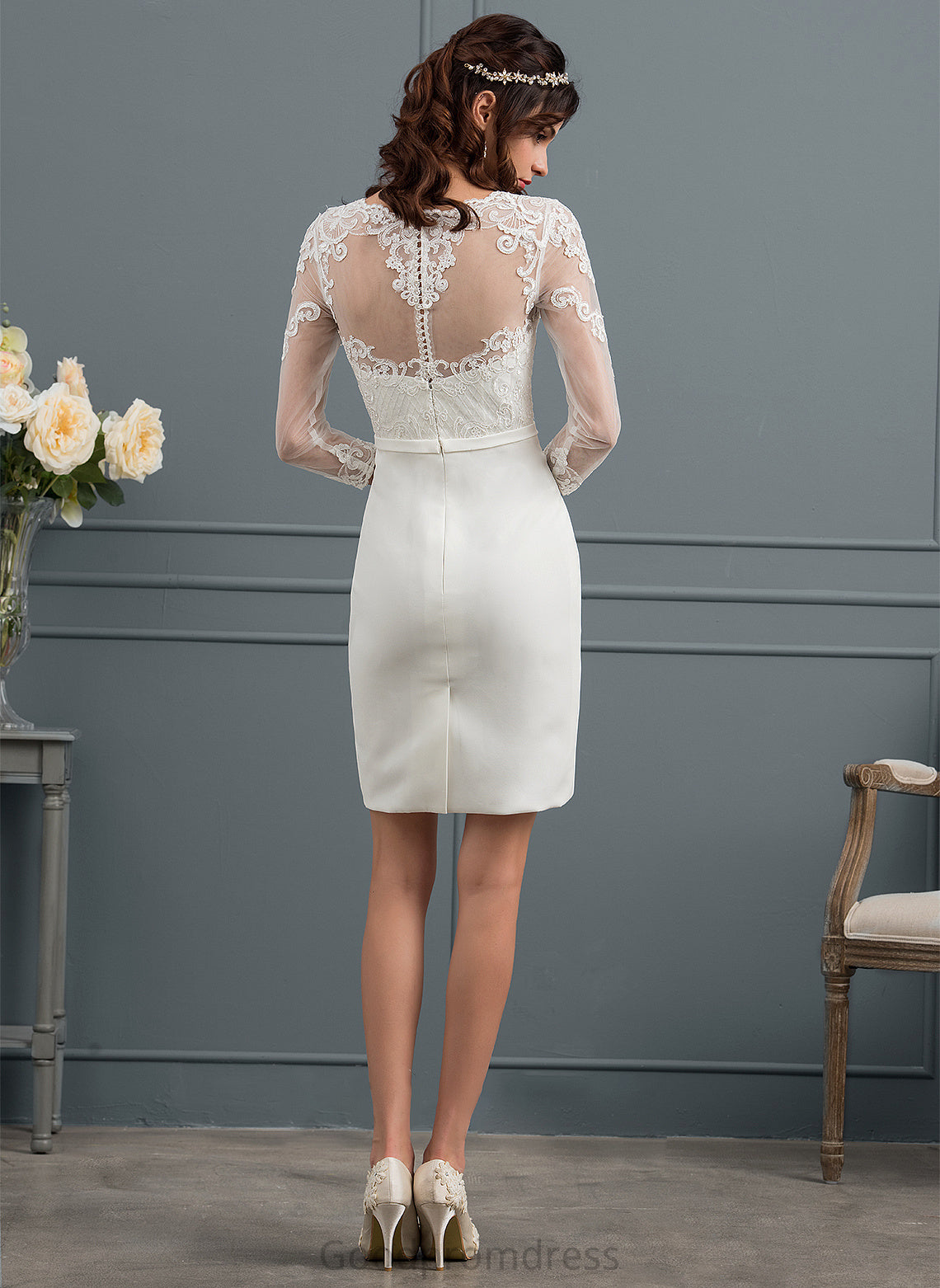 Wedding Dresses Wedding Katharine Sheath/Column Crepe Stretch With Dress Sequins Bow(s) Knee-Length Illusion