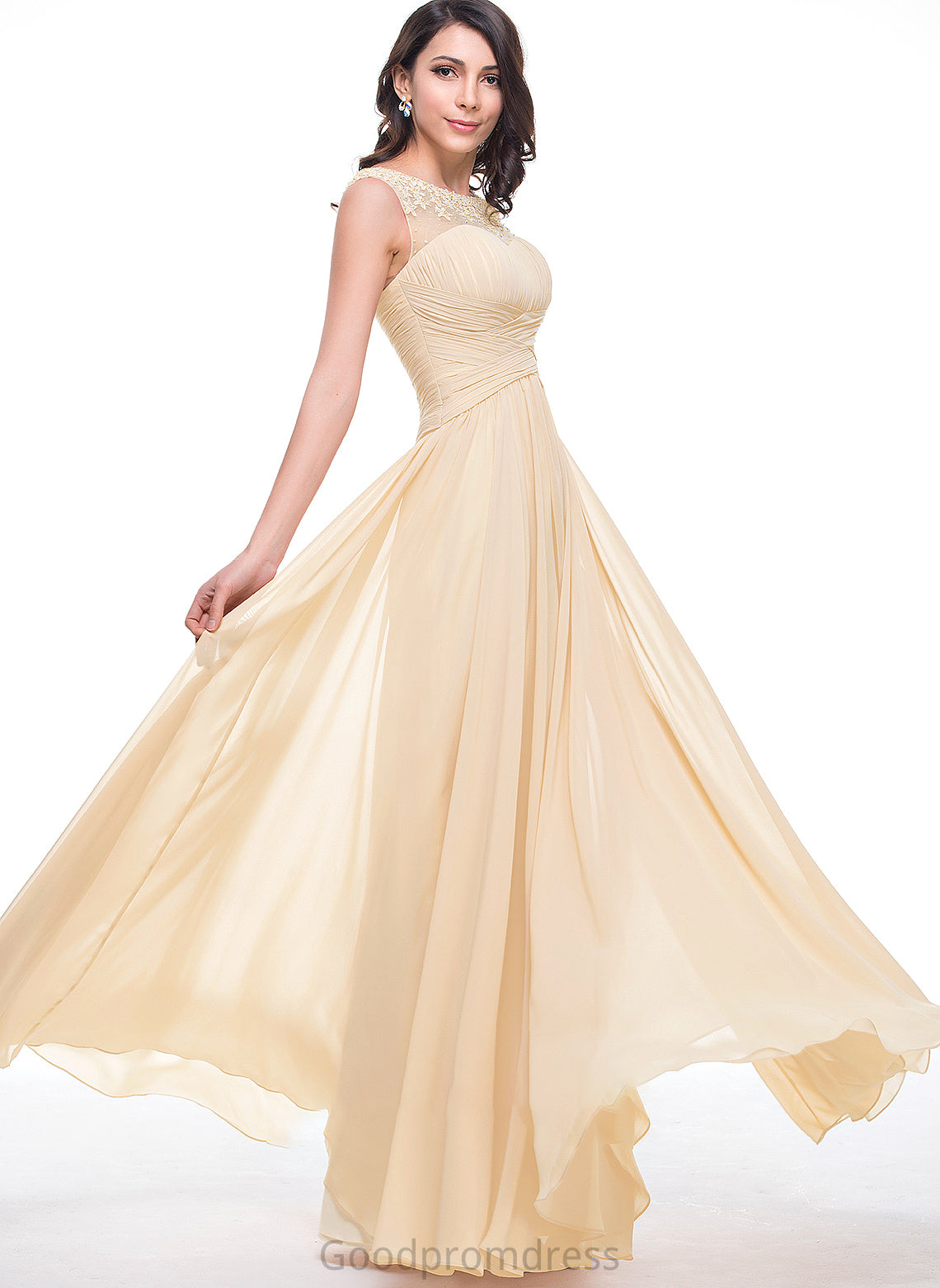 A-Line Chiffon Ruffle Averie Flower(s) Floor-Length Neck Prom Dresses Beading Scoop With