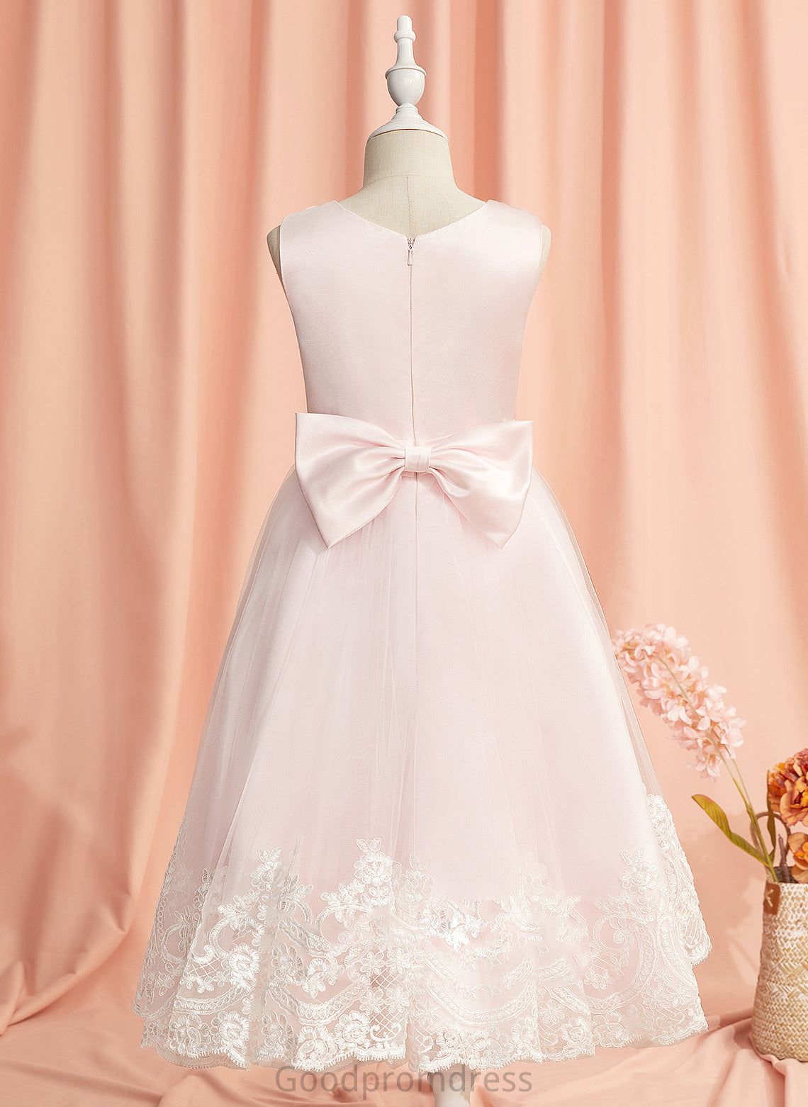 Neck - Lace/Bow(s) Ball-Gown/Princess Flower Girl Dresses Flower Dress Shirley Girl Tea-length Scoop Satin/Tulle Sleeveless With