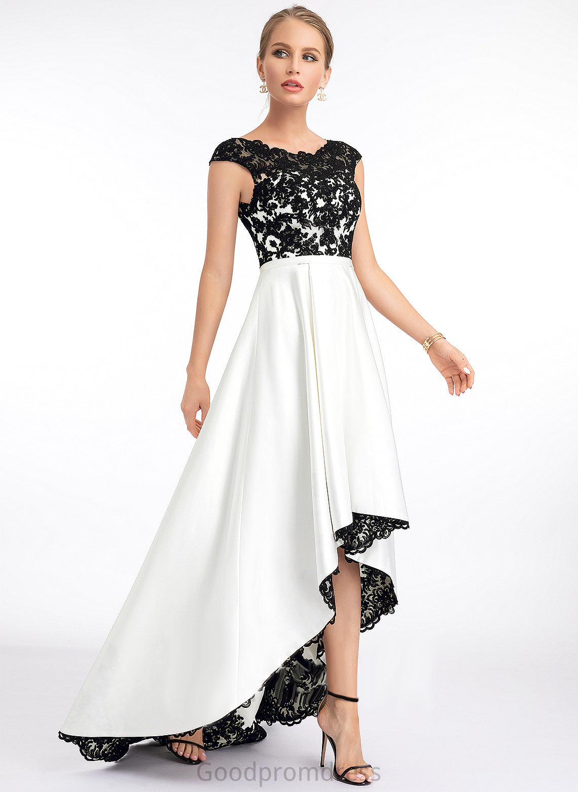 Ball-Gown/Princess Satin Asymmetrical Scoop Lace Aubrey Prom Dresses