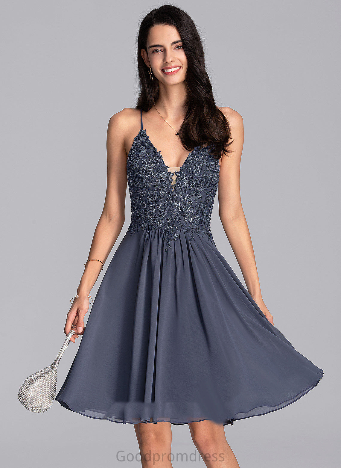 Chiffon A-Line With V-neck Homecoming Dresses Beading Homecoming Allie Knee-Length Lace Dress