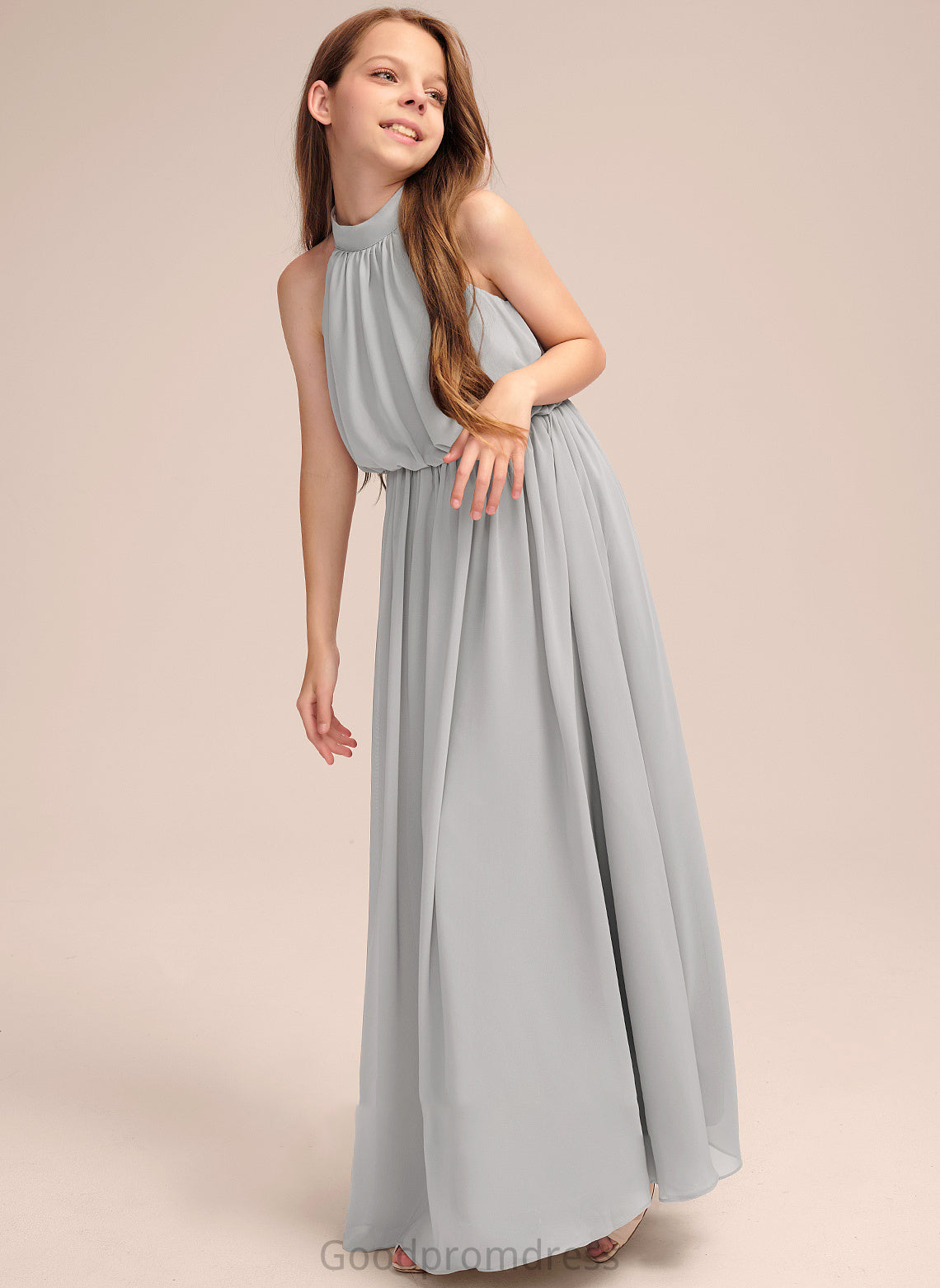 Neck Ursula Ruffle Junior Bridesmaid Dresses Floor-Length Chiffon A-Line With High