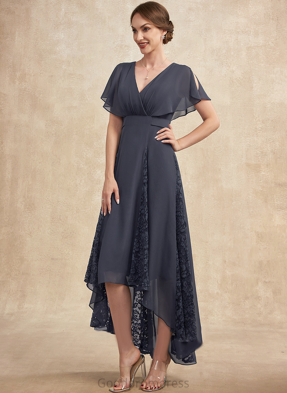 the Celia Mother of the Bride Dresses Bride V-neck Ruffle of Lace Asymmetrical A-Line With Dress Chiffon Mother